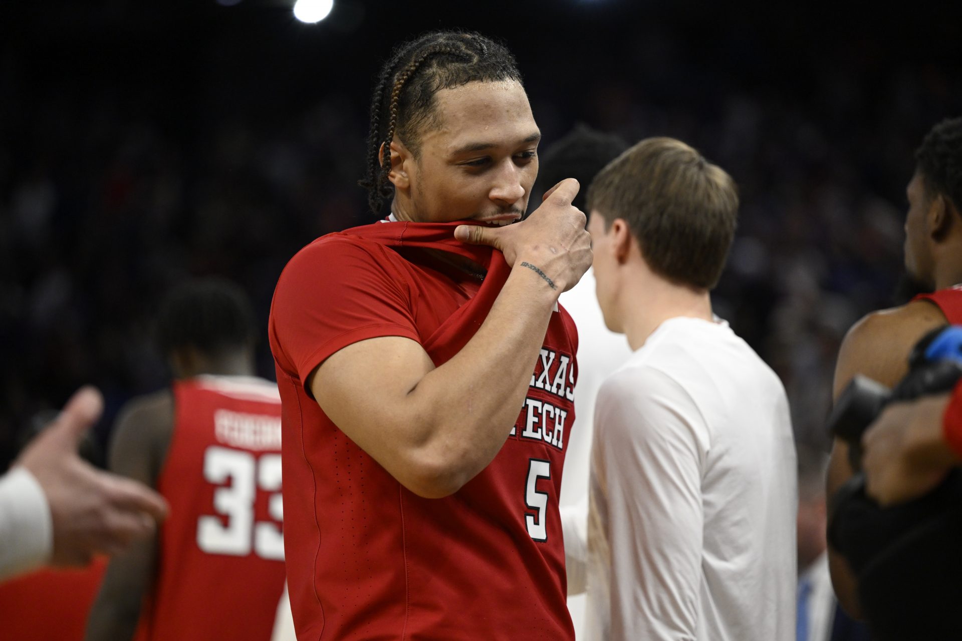 Texas Tech Red Raiders forward Darrion Williams (5) reacts after losing to the Florida Gators during the West Regional final of the 2025 NCAA tournament at Chase Center.