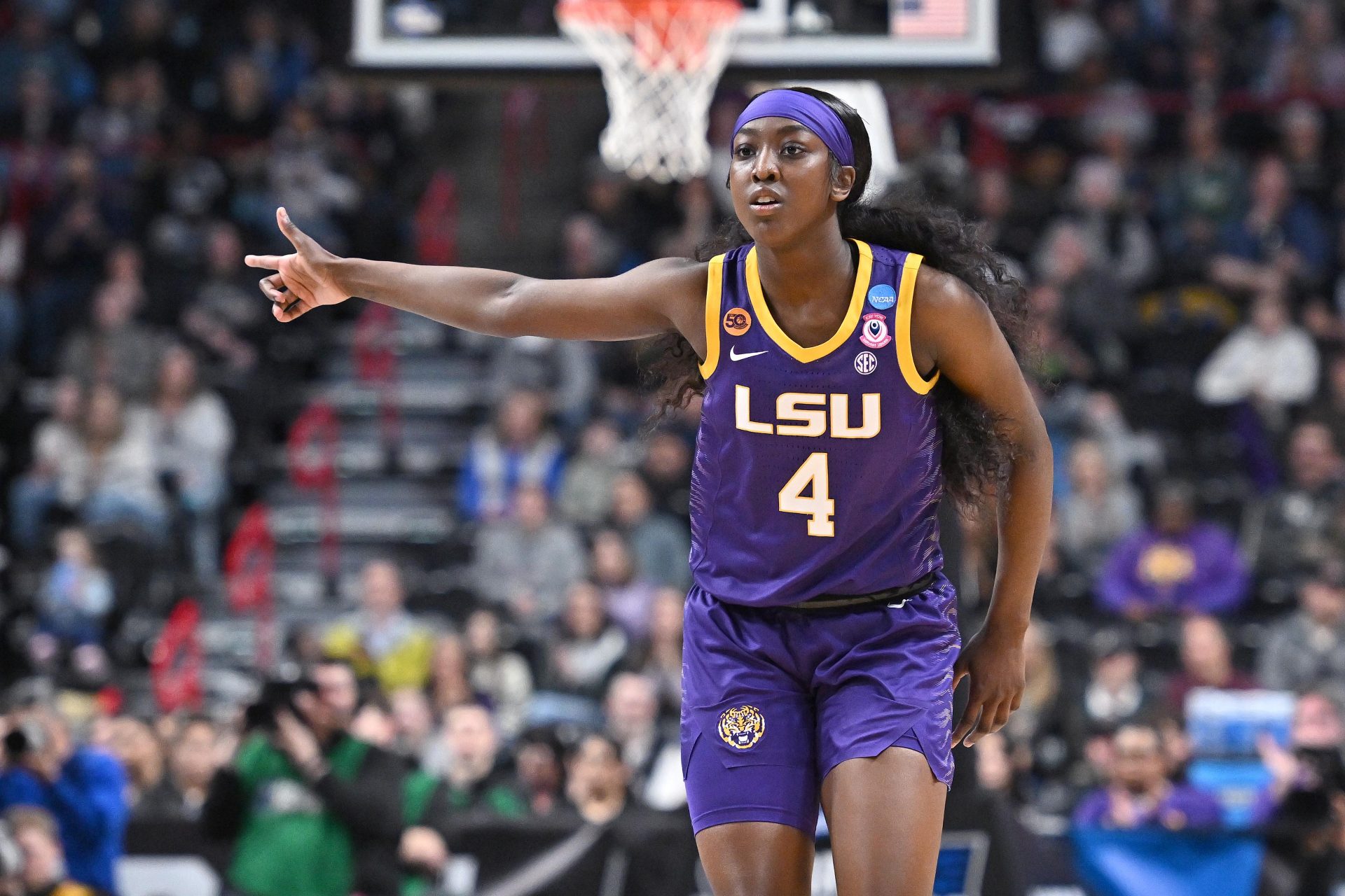 LSU Lady Tigers guard Flau'Jae Johnson (4) reacts after play against the UCLA Bruins during the first half of a Elite 8 NCAA Tournament basketball game at Spokane Arena.