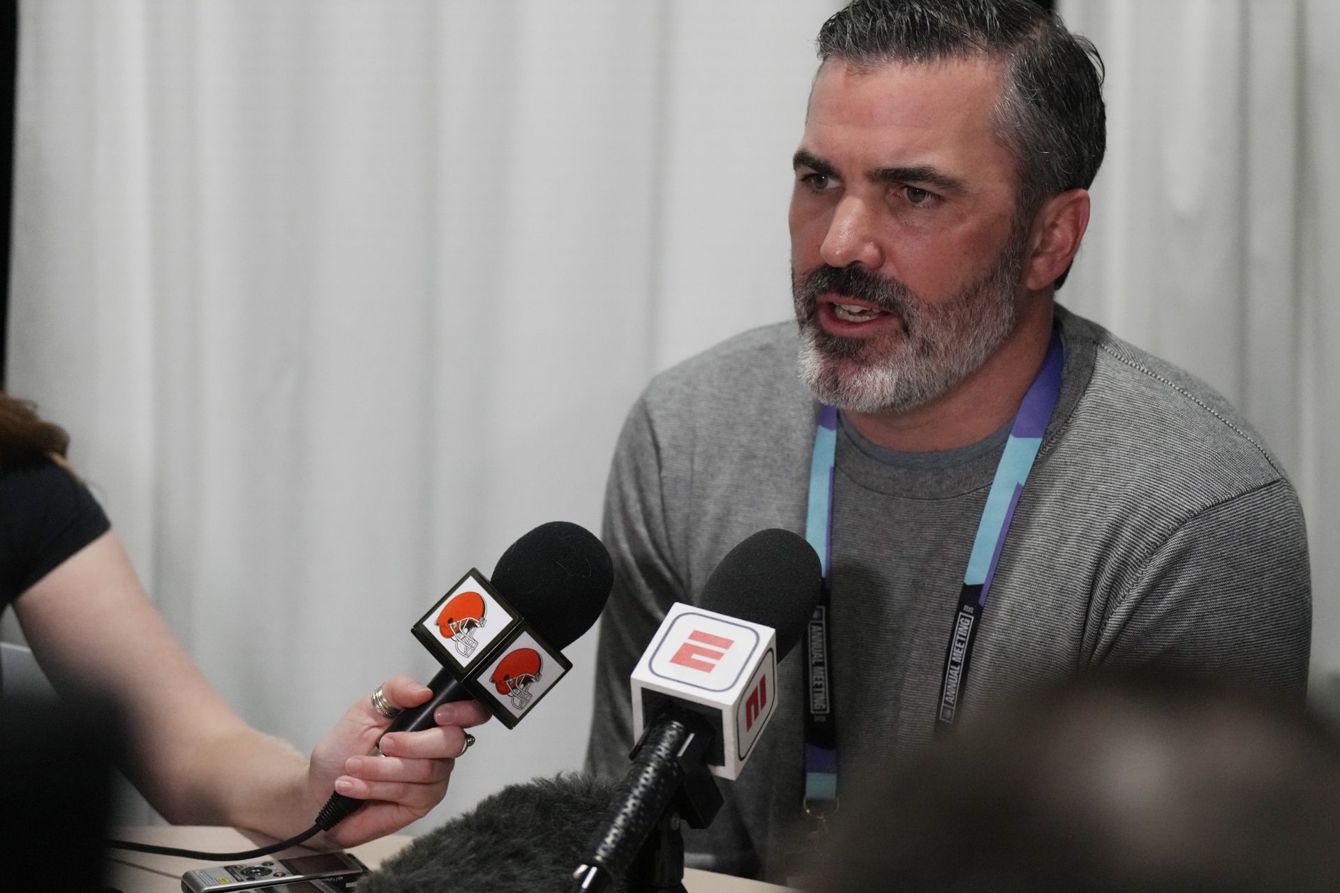 Cleveland Browns head coach Kevin Stefanski answers questions from the media during the NFL Annual League Meeting at The Breakers.