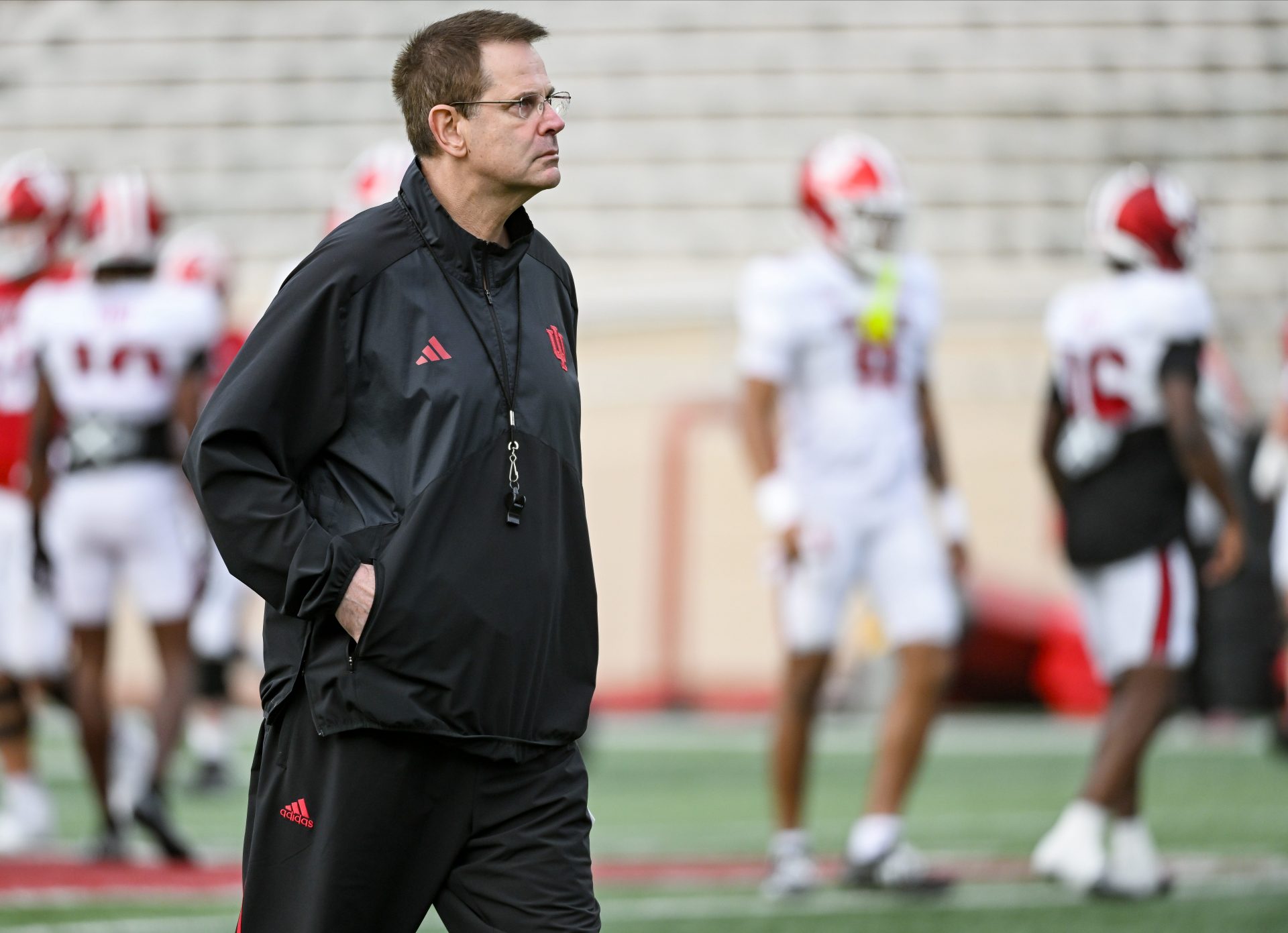 Indiana head coach Curt Cignetti looks on during spring practice at Memorial Stadium on Thursday, April 3, 2025.