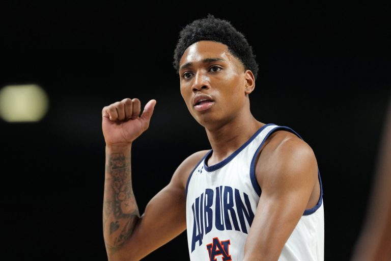 Auburn Tigers guard Tahaad Pettiford (0) during a practice session for the Final Four of the 2025 NCAA tournament at Alamodome.