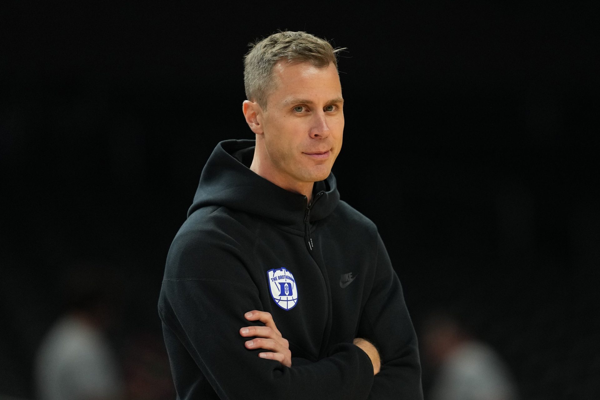 Duke Blue Devils head coach Jon Scheyer during a practice session for the Final Four of the 2025 NCAA tournament at Alamodome.