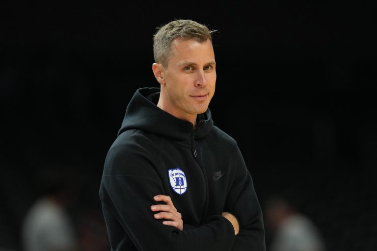 Duke Blue Devils head coach Jon Scheyer during a practice session for the Final Four of the 2025 NCAA tournament at Alamodome.