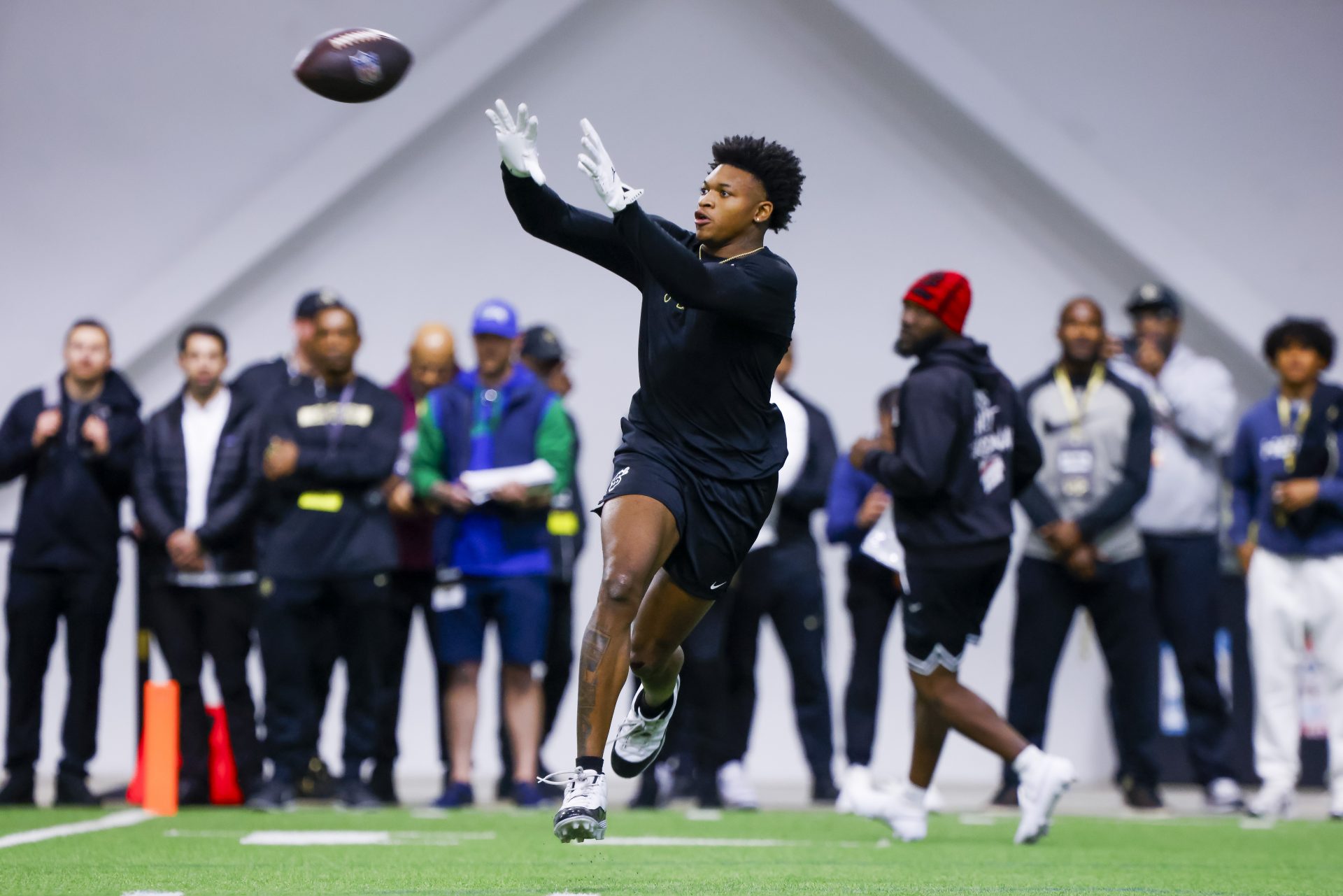 Colorado Buffaloes wide receiver Jimmy Horn Jr. (5) catches the ball at the University of Colorado NFL Showcase at the CU Indoor Practice Facility.