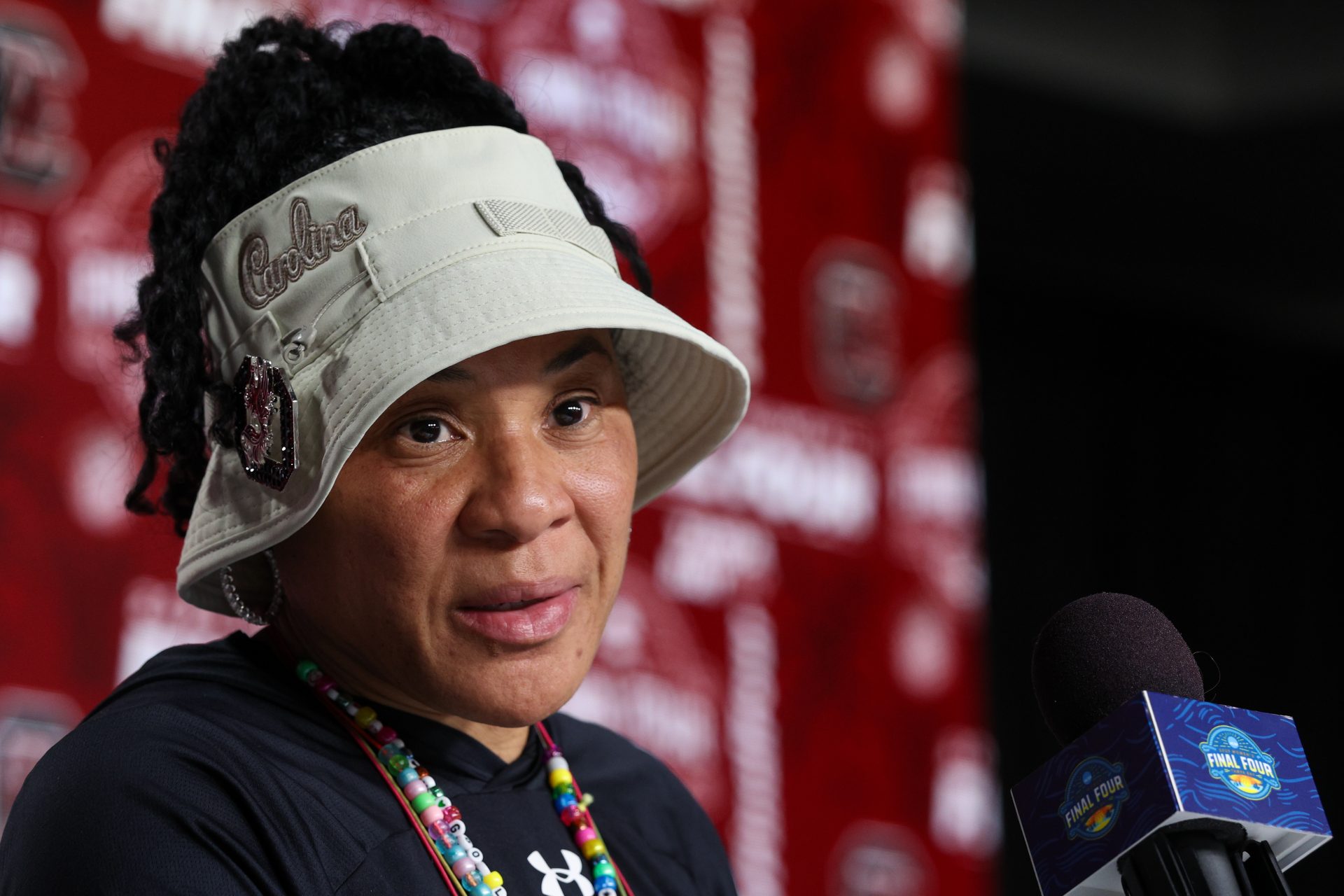 South Carolina Gamecocks head coach Dawn Staley talks to media before practice at Amalie Arena.