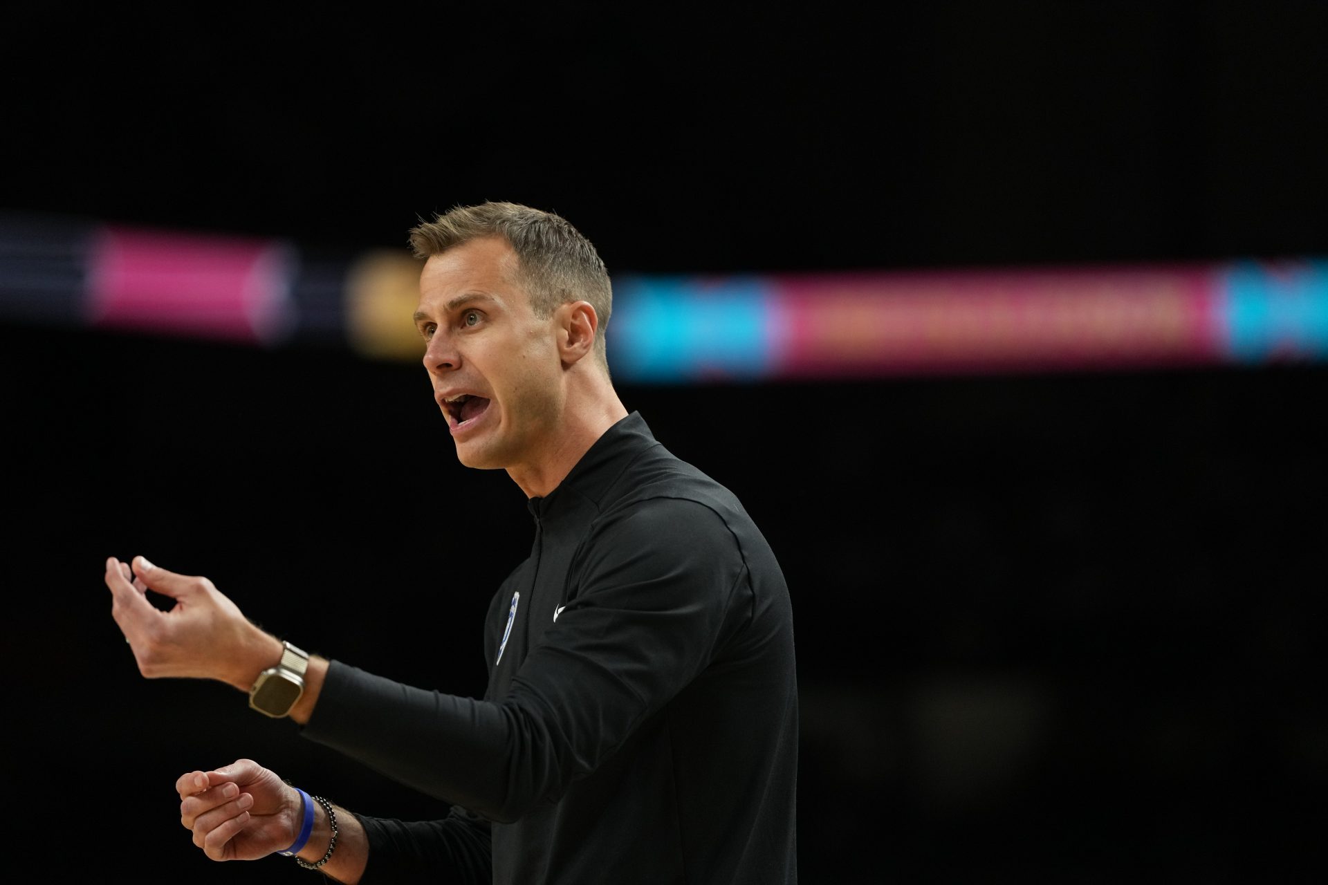 Duke Blue Devils head coach Jon Scheyer directs players before a semifinal of the men's Final Four of the 2025 NCAA Tournament at the Alamodome.