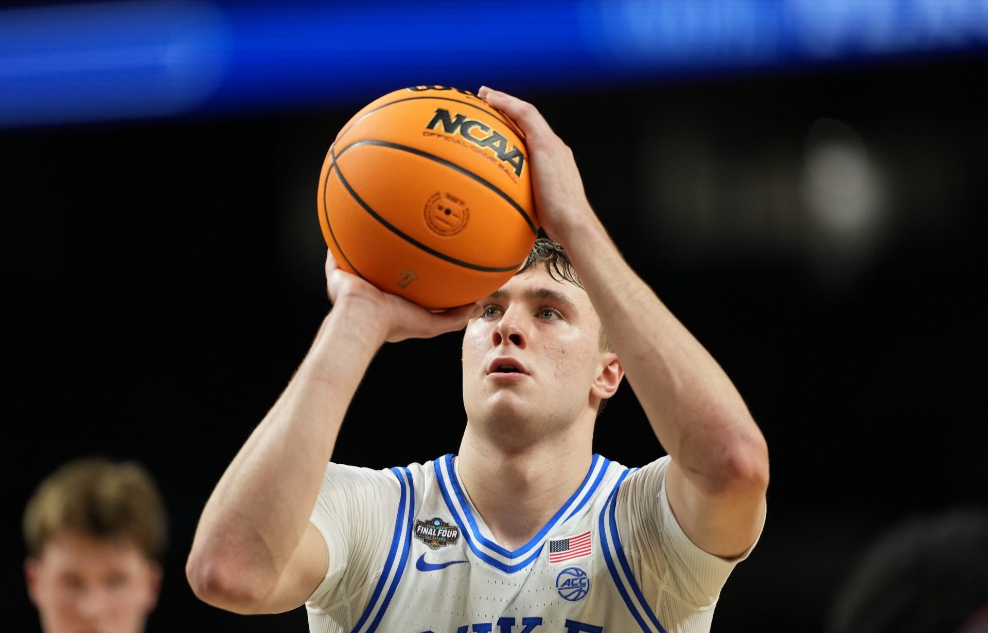 Duke Blue Devils forward Cooper Flagg (2) shoots a free throw against the Houston Cougars during the second half in the semifinals of the men's Final Four of the 2025 NCAA Tournament at the Alamodome.