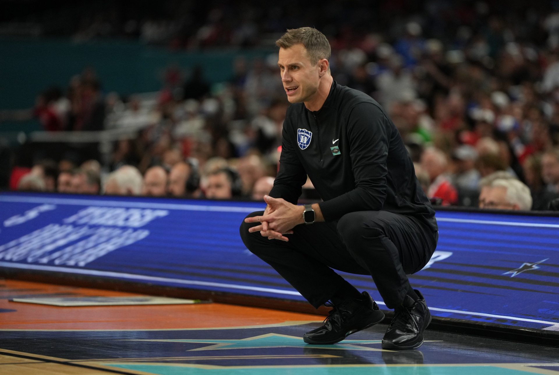 Duke Blue Devils head coach Jon Scheyer looks on during the second half in the semifinals of the men's Final Four of the 2025 NCAA Tournament at the Alamodome.