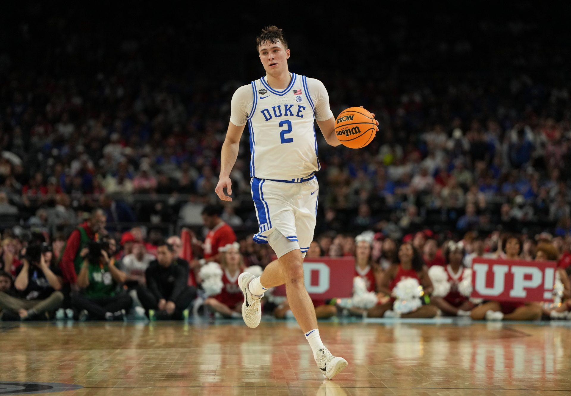 Duke Blue Devils forward Cooper Flagg (2) dribbles the ball against the Houston Cougars during the second half in the semifinals of the men's Final Four of the 2025 NCAA Tournament at the Alamodome.