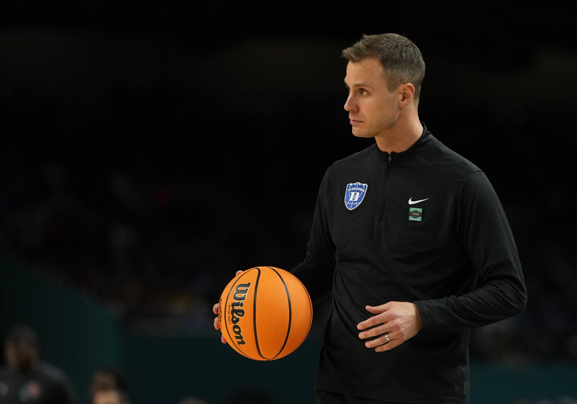 Duke Blue Devils head coach Jon Scheyer looks on against the Houston Cougars during the second half in the semifinals of the men's Final Four of the 2025 NCAA Tournament at the Alamodome.