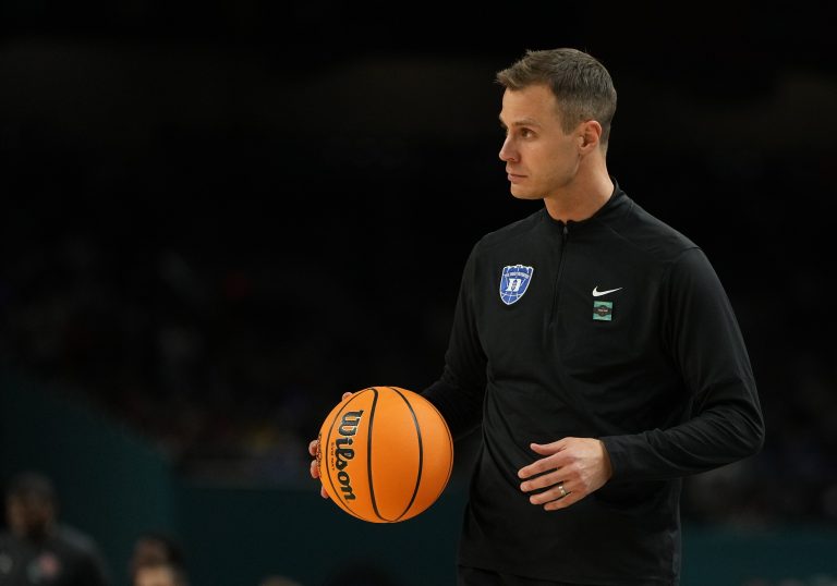 Duke Blue Devils head coach Jon Scheyer looks on against the Houston Cougars during the second half in the semifinals of the men's Final Four of the 2025 NCAA Tournament at the Alamodome.
