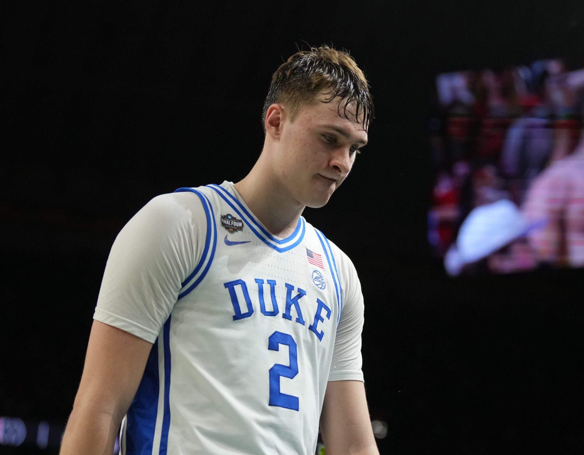 Duke Blue Devils forward Cooper Flagg (2) walks off the court after losing to the Houston Cougars in the semifinals of the men's Final Four of the 2025 NCAA Tournament at the Alamodome.