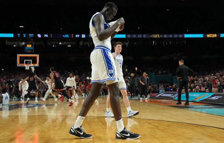 Duke Blue Devils center Khaman Maluach (9) reacts after their loss to the Houston Cougars in the semifinals of the men's Final Four of the 2025 NCAA Tournament at the Alamodome.