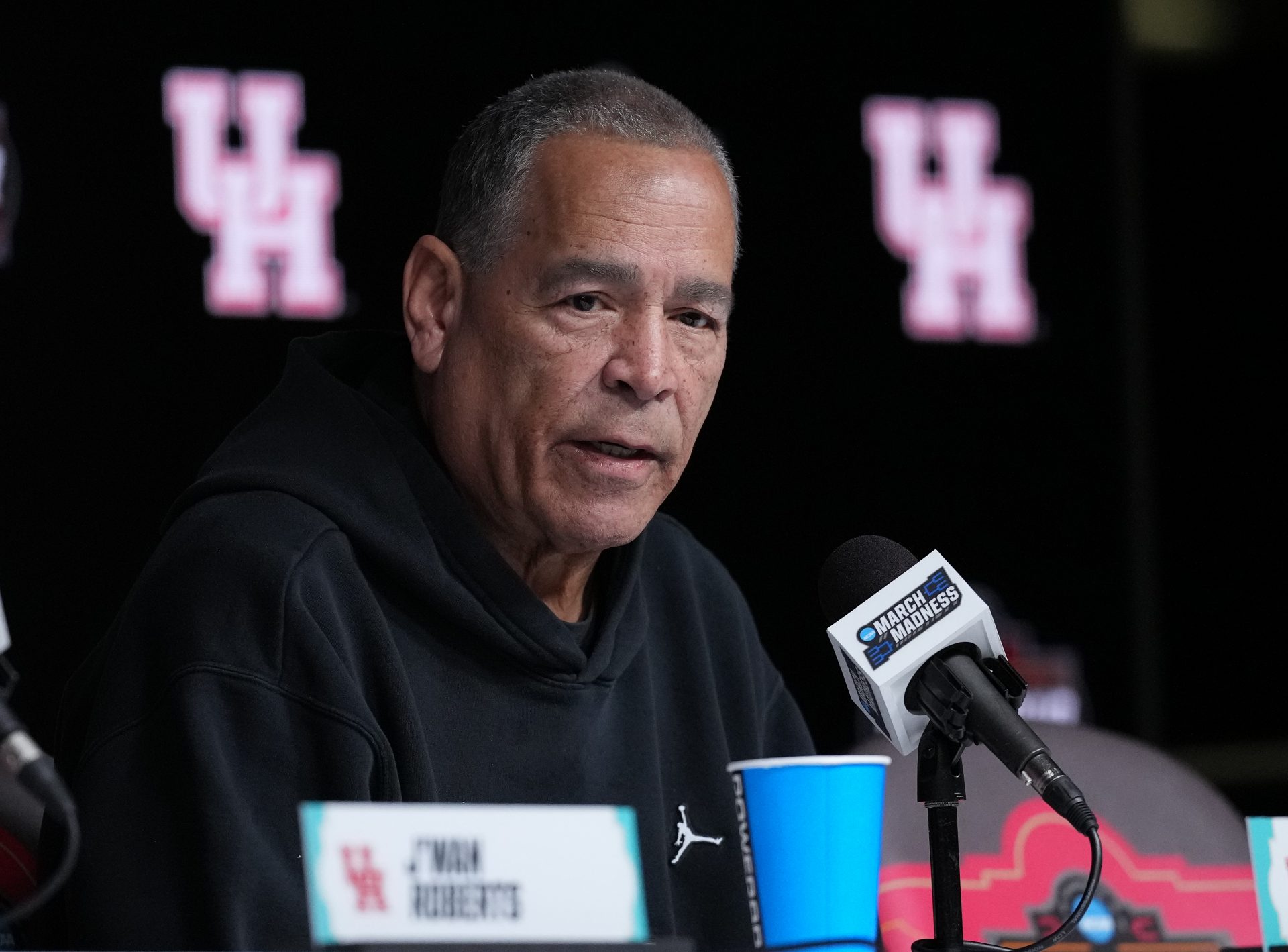 Houston head coach Kelvin Sampson talks to the media at the Alamodome.