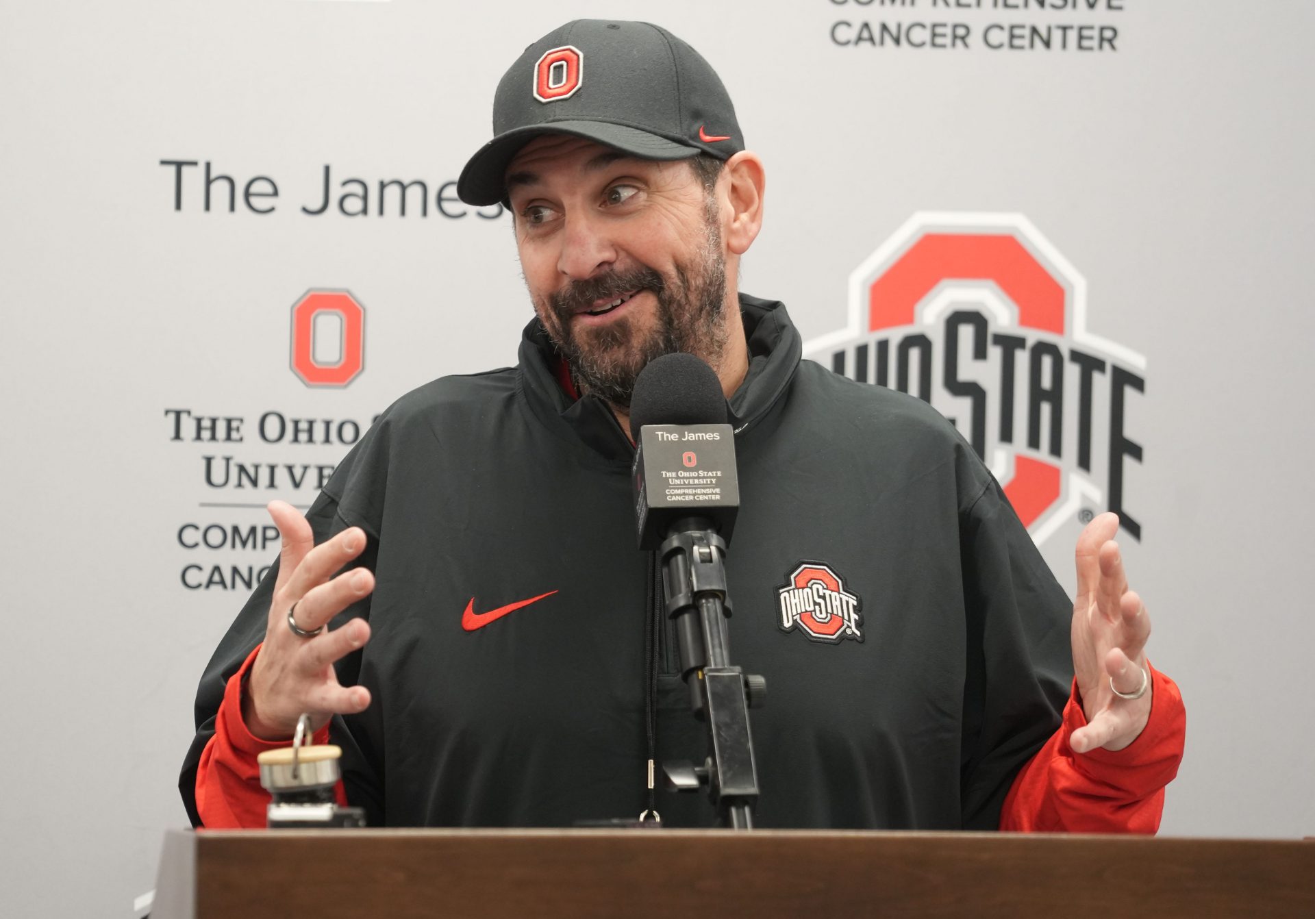 Ohio State Football defensive coordinator Matt Patricia gestures during an April 7, 2025 news conference at the Woody Hayes Athletic Center.