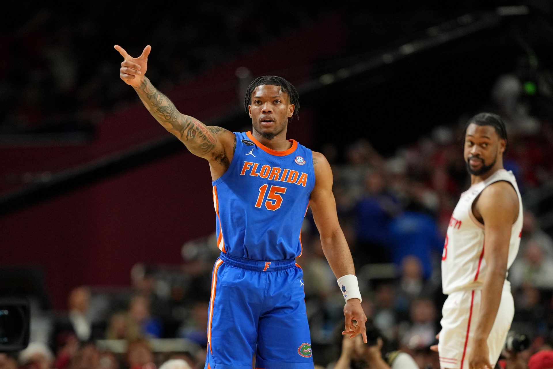 Florida Gators guard Alijah Martin (15) reacts after a play against the Houston Cougars during the second half of the national championship game of the Final Four of the 2025 NCAA Tournament at the Alamodome.