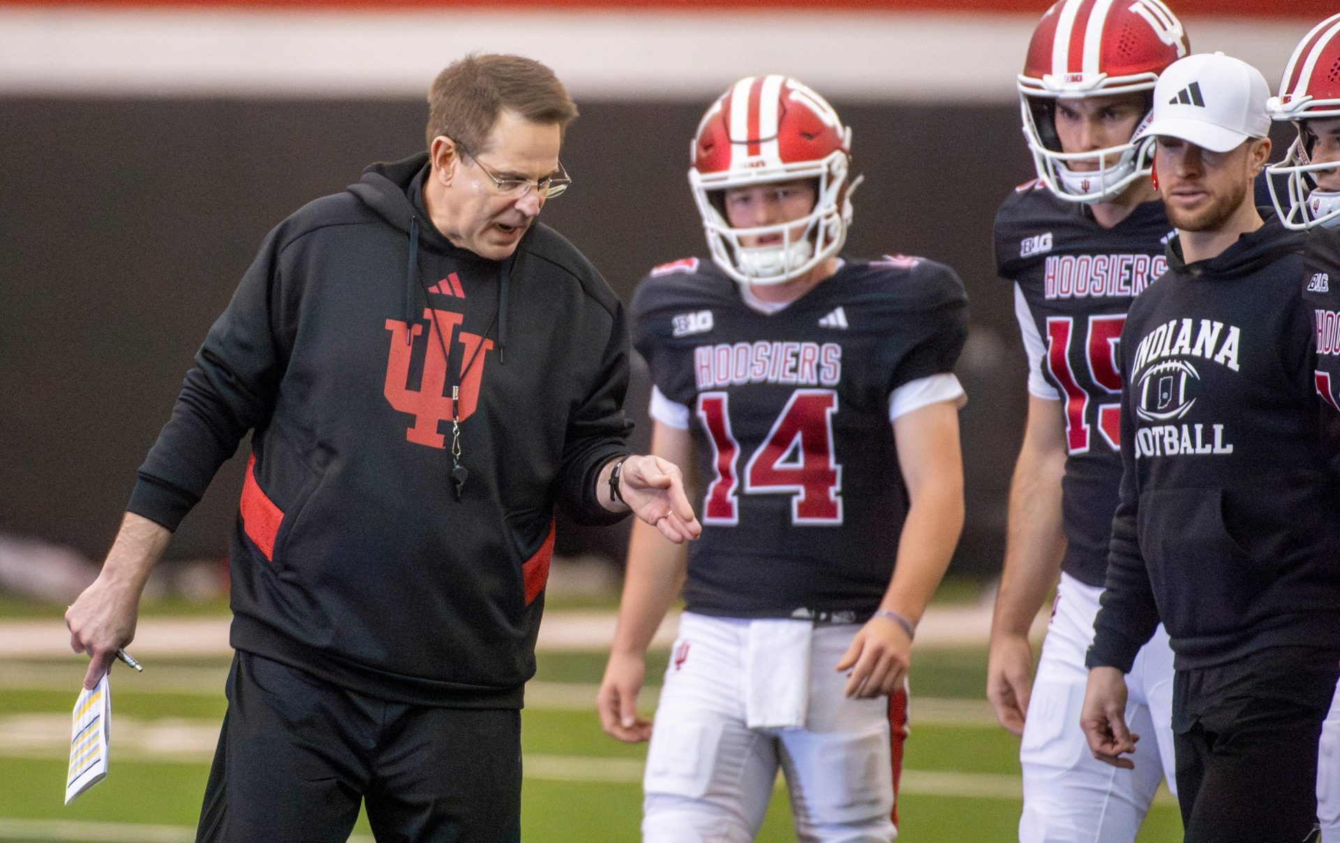 Indiana Head Coach Curt Cignetti instructs his team during spring football practice on Tuesday, April 8, 2025.