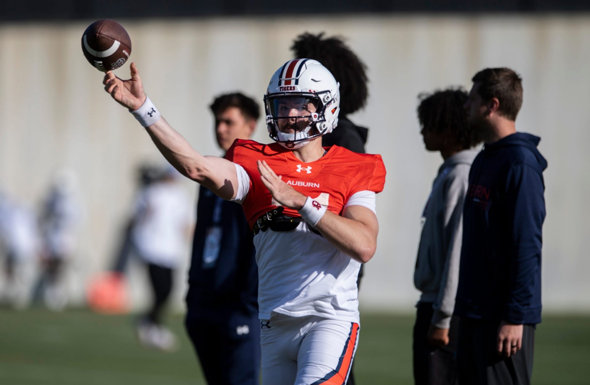 Auburn Tigers quarterback Jackson Arnold (11) throws the ball during football practice at Woltosz Football Performance Center in Auburn, Ala., on Thursday, April 10, 2025.