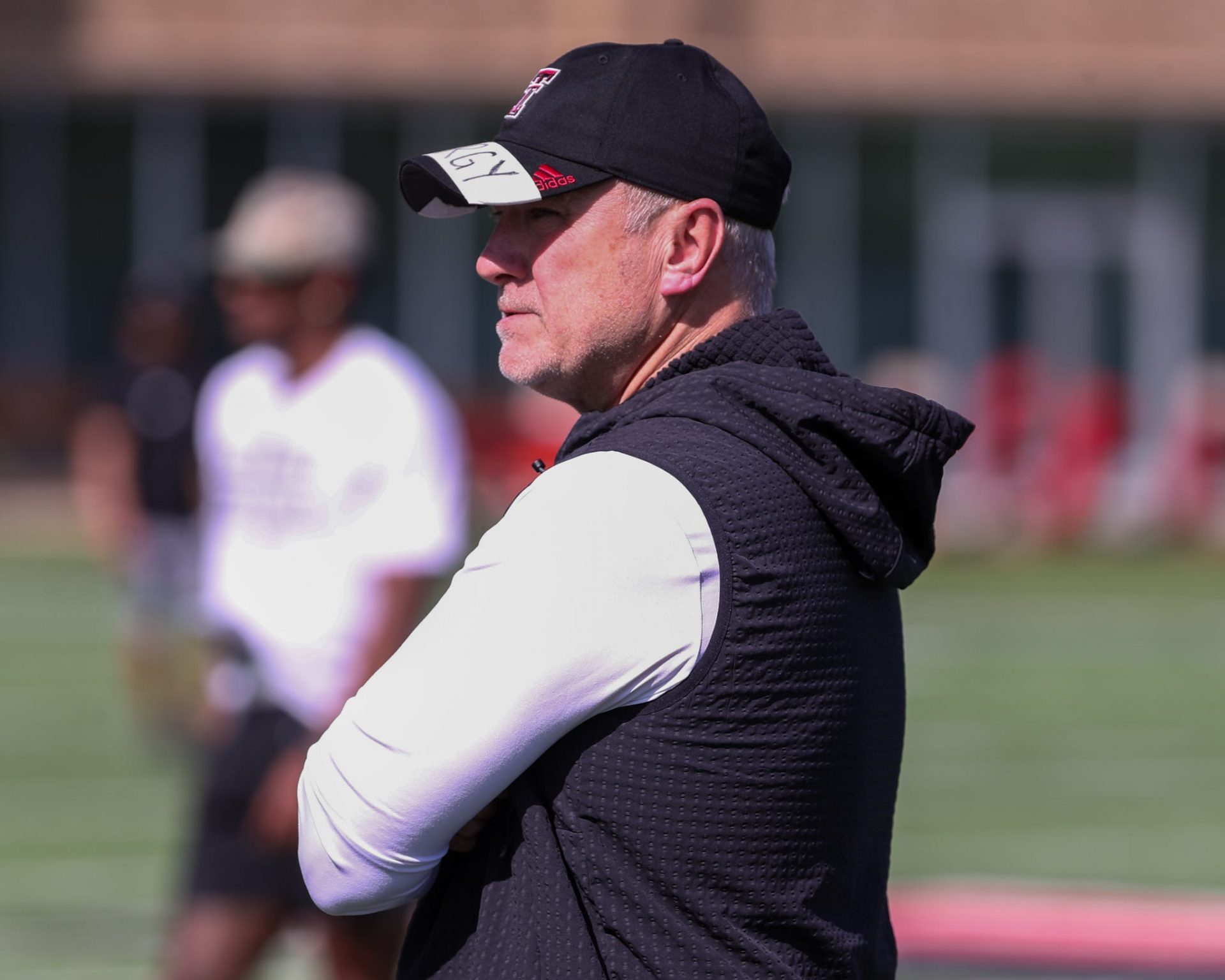 Texas Tech head coach Joey McGuire looks on during spring football practice, Thursday, April 10, 2025, at the Womble Football Center.