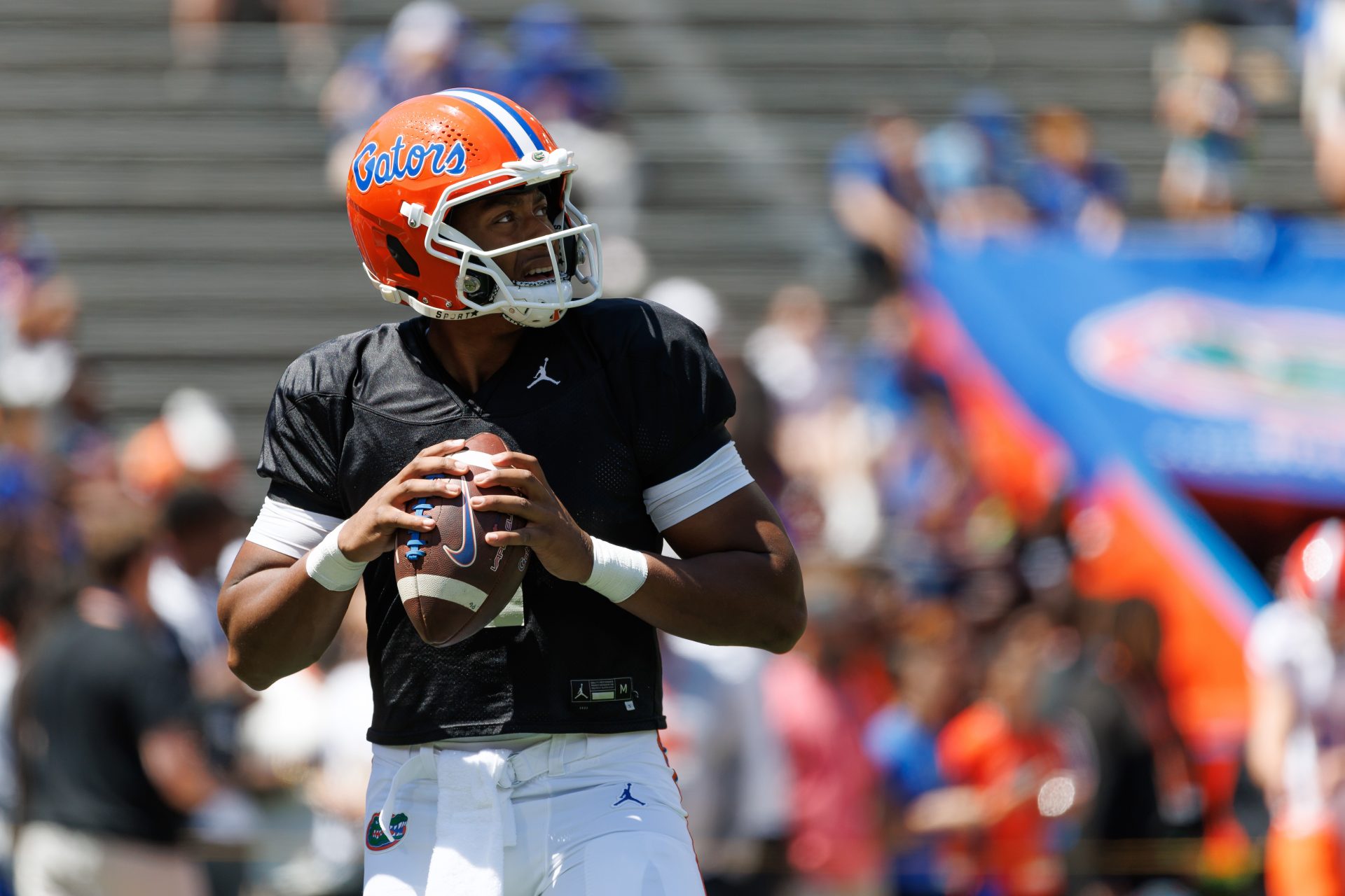 Florida Gators quarterback DJ Lagway (2) looks to throw before the game at Ben Hill Griffin Stadium.