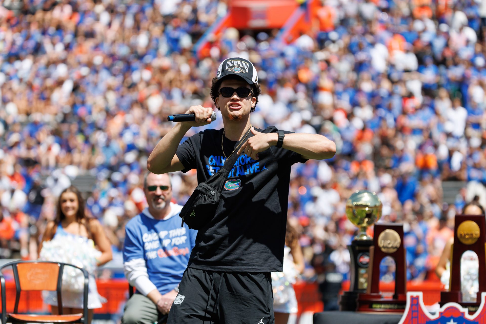 Florida Gators guard Walter Clayton Jr. (1) addresses the crowd during the National Championship celebration at Ben Hill Griffin Stadium.