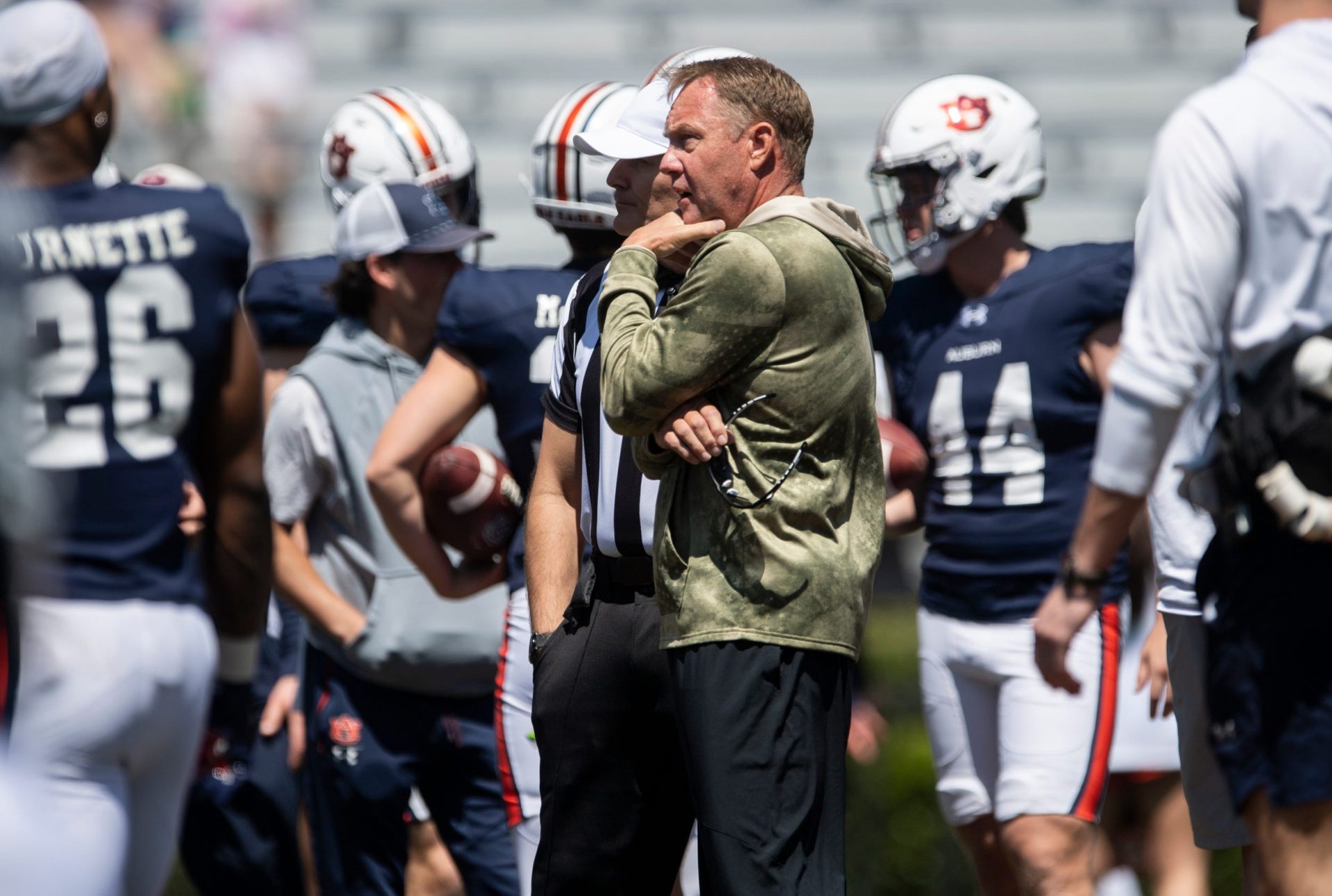 Auburn Tigers head coach Hugh Freeze watches on during Auburn Tigers A-Day football practice at Jordan-Hare Stadium in Auburn, Ala., on Saturday, April 12, 2025.