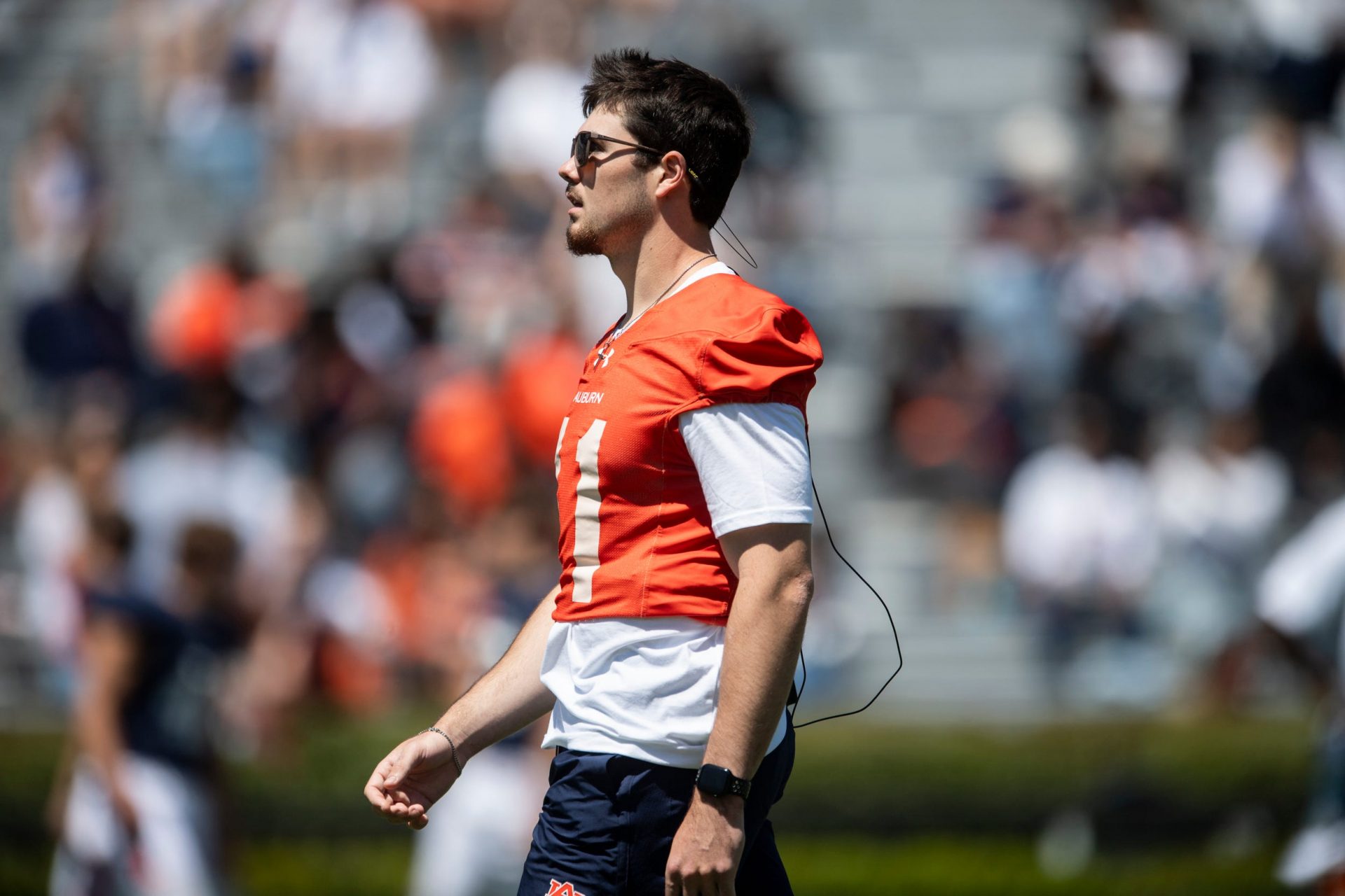 Auburn Tigers quarterback Jackson Arnold (11) watches on during Auburn Tigers A-Day football practice at Jordan-Hare Stadium in Auburn, Ala., on Saturday, April 12, 2025.