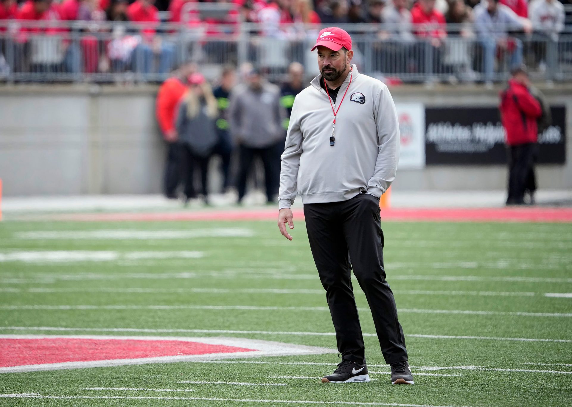 Ohio State Buckeye head coach Ryan Day watches his team in the 2nd half during the spring game at Ohio Stadium on April 12, 2025.