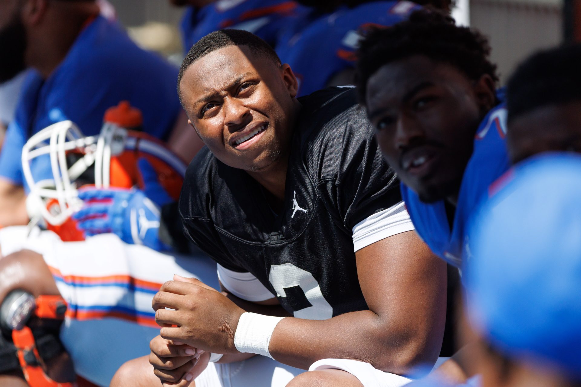 Florida Gators quarterback DJ Lagway (2) looks at the scoreboard from the bench during the second half at Ben Hill Griffin Stadium.