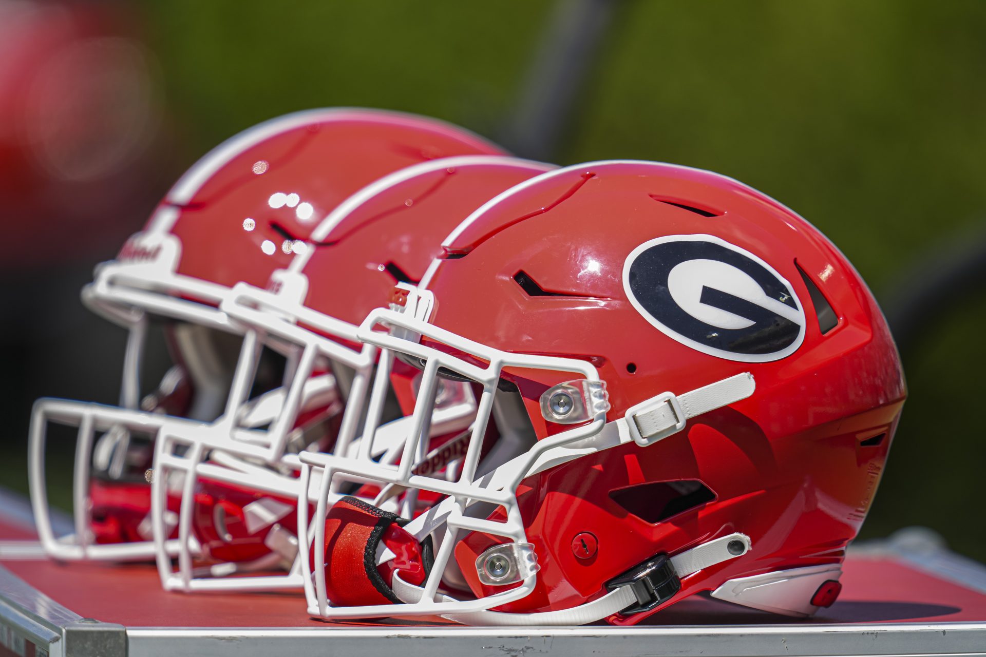 Georgia Bulldogs helmets on the bench during the Georgia Spring game at Sanford Stadium.