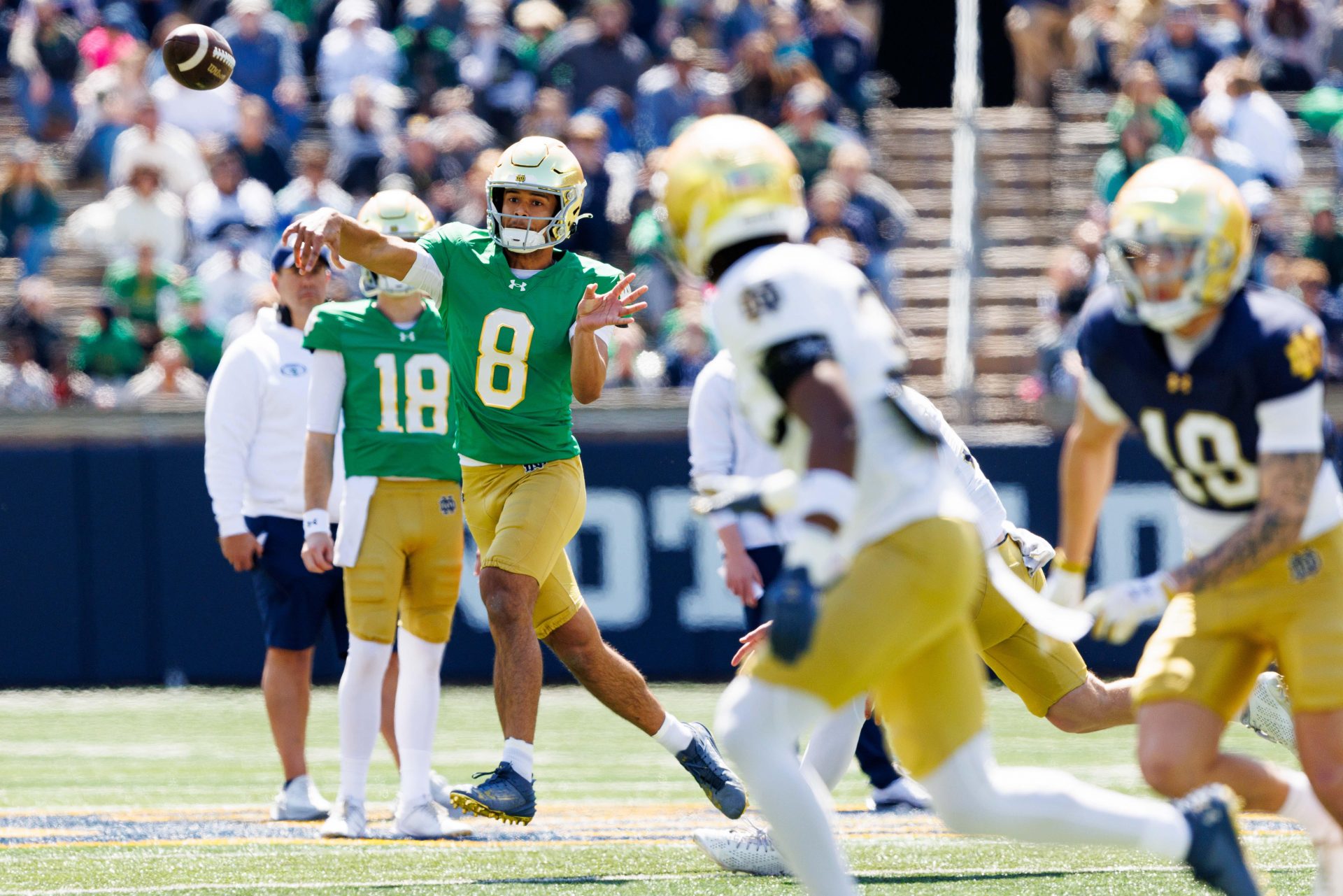 Notre Dame quarterback Kenny Minchey (8) throws the ball during the Notre Dame Blue-Gold spring football game at Notre Dame Stadium on Saturday, April 12, 2025, in South Bend.