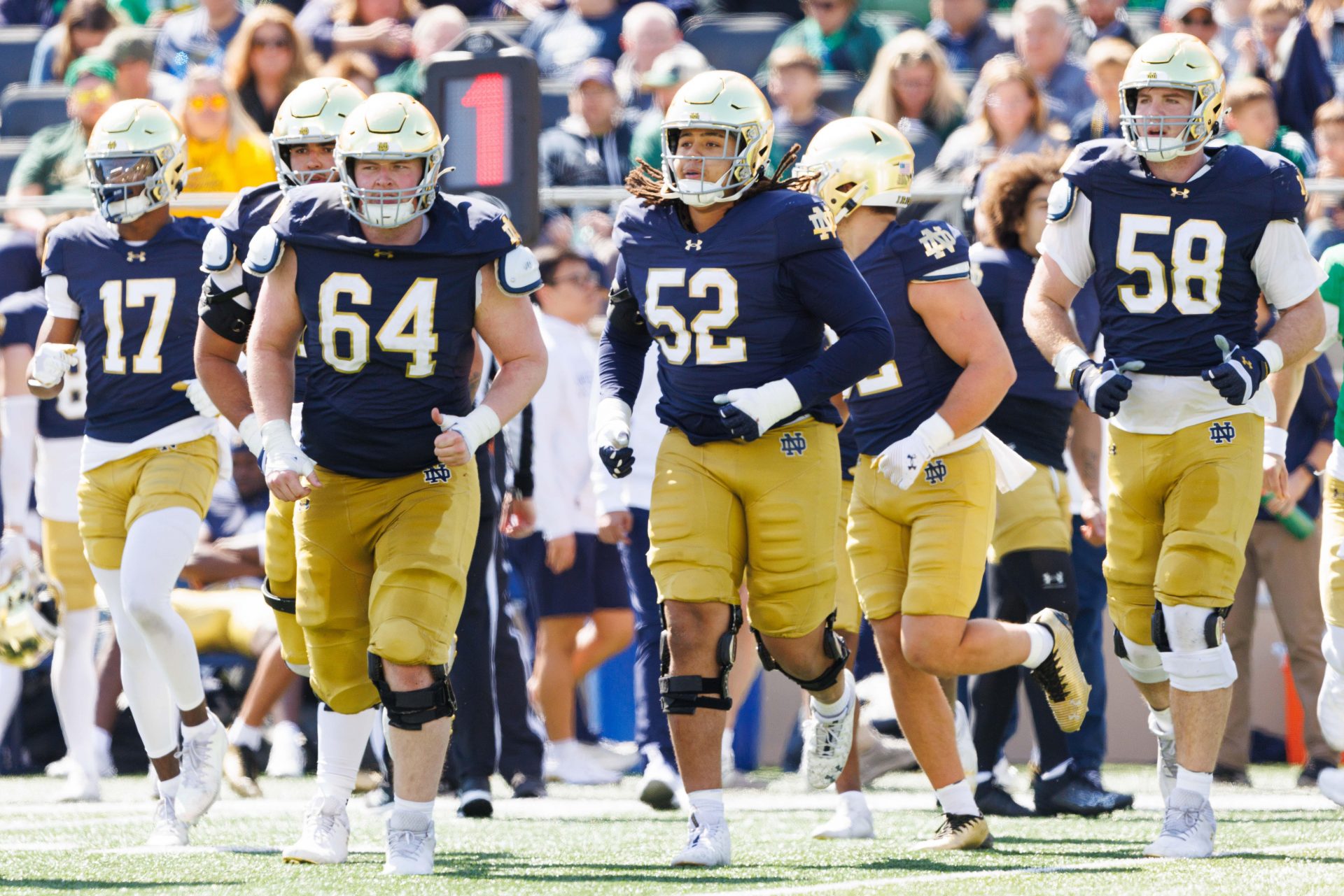 Notre Dame's offensive takes the field during the Notre Dame Blue-Gold spring football game at Notre Dame Stadium on Saturday, April 12, 2025, in South Bend.