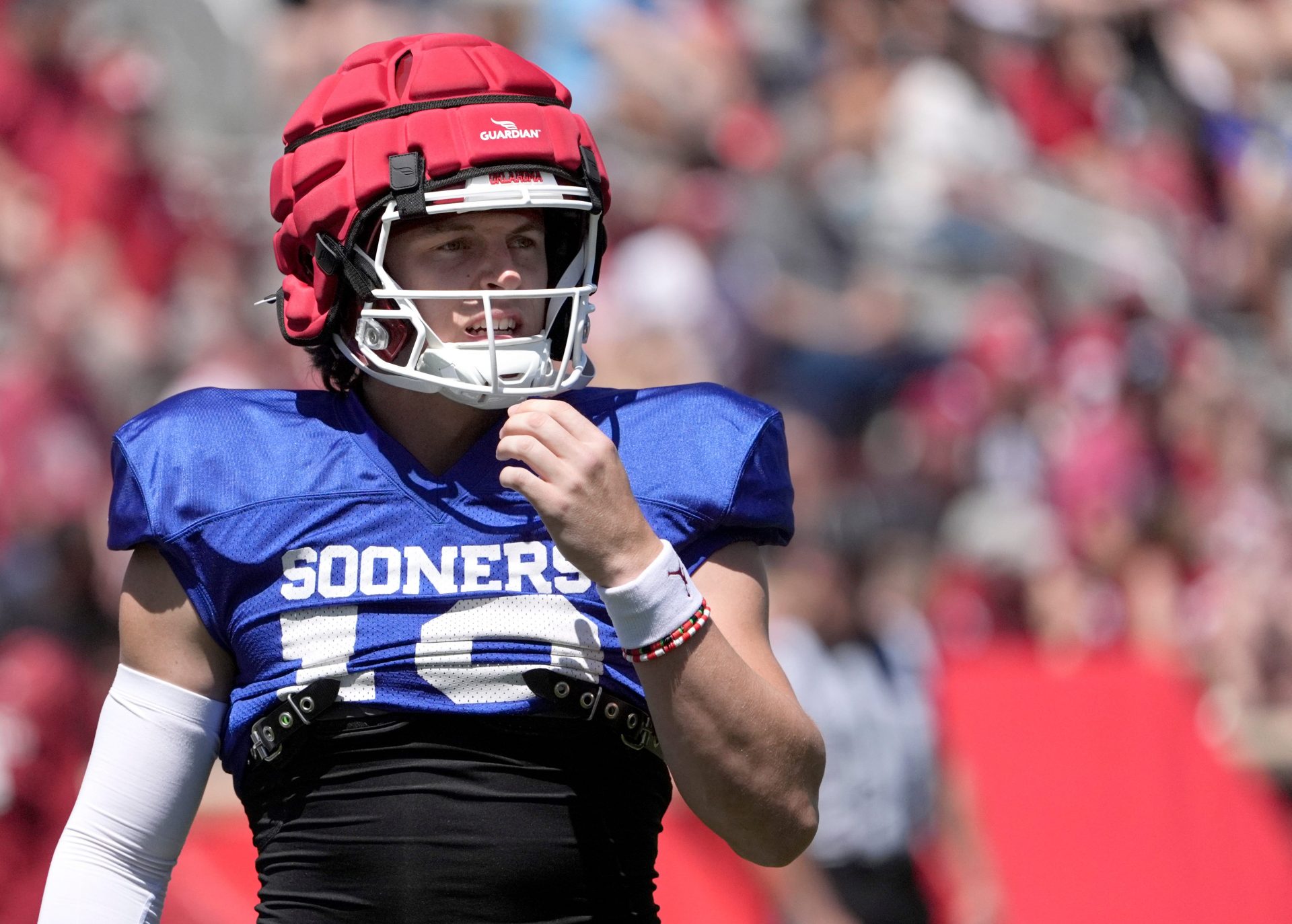 Oklahoma's John Mateer is pictured during the University of Oklahoma Sooners Crimson Combine at Gaylord Family - Oklahoma Memorial Stadium in Norman, Okla., Saturday, April, 12, 2025.