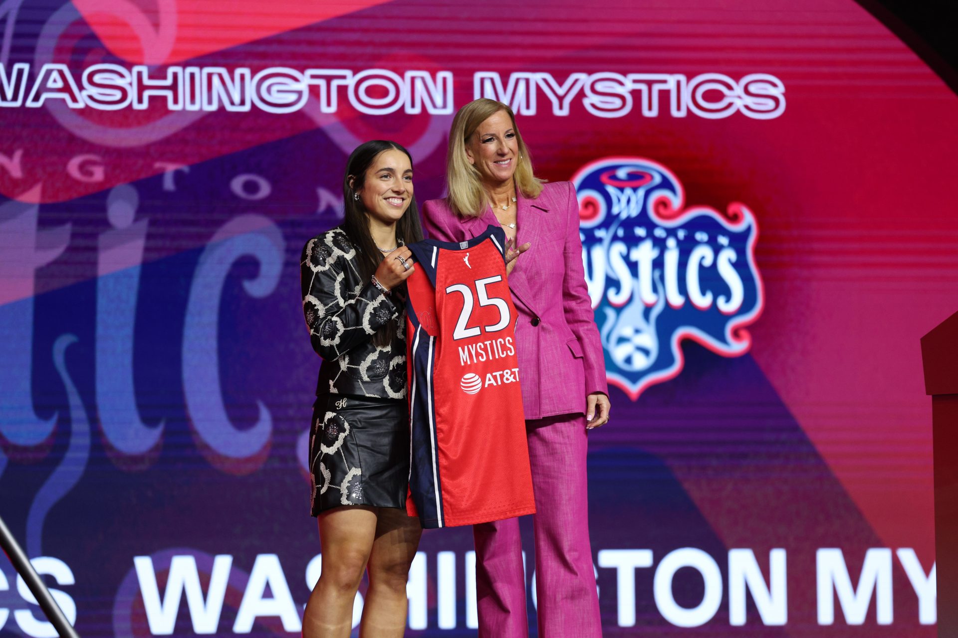 Georgia Amoore poses with WNBA commissioner Cathy Engelbert after being selected with the number six overall pick to the Washington Mystics in the 2025 WNBA Draft at The Shed at Hudson Yards.