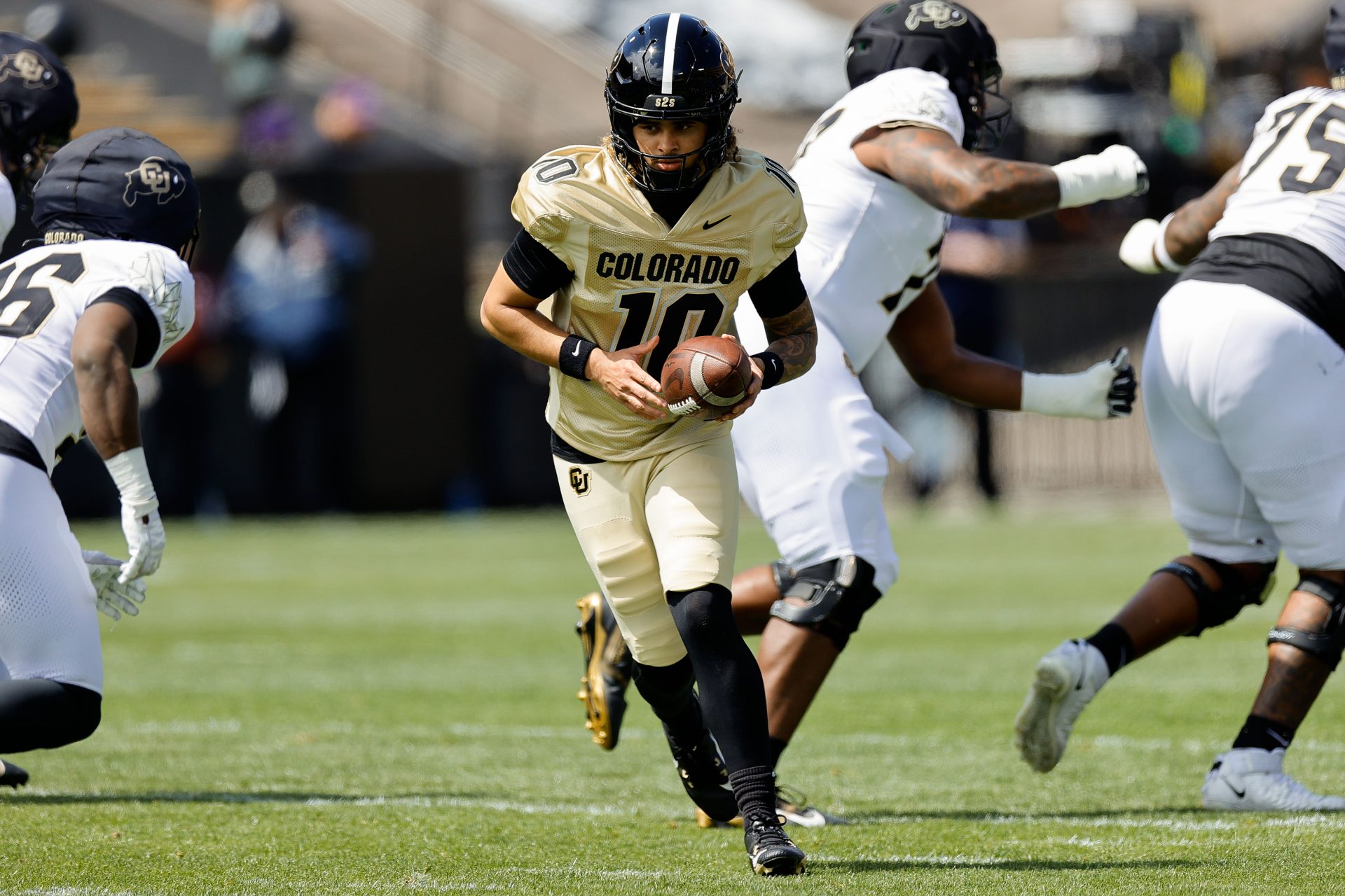 Colorado Buffaloes quarterback Julian Lewis (10) before the spring game at Folsom Field.