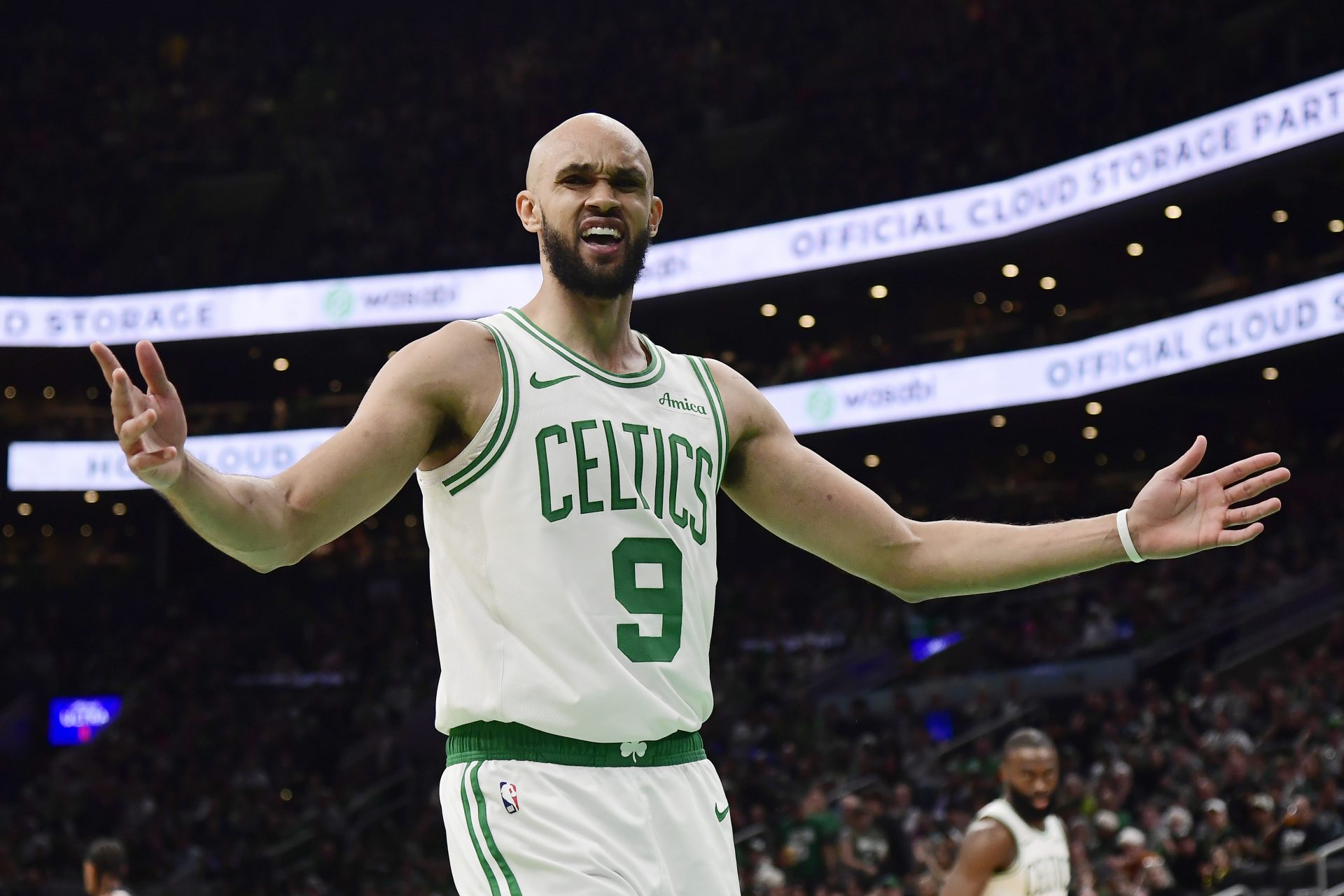 Boston Celtics guard Derrick White (9) reacts after a non call during the second half against the Orlando Magic at TD Garden.