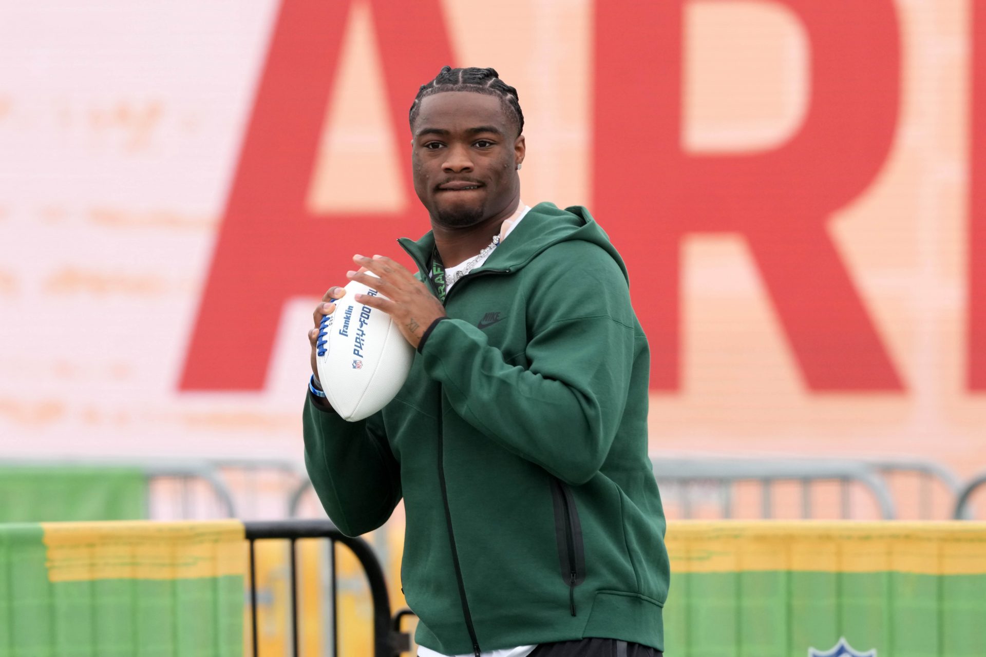 Alabama Crimson Tide quarterback Jalen Milroe during the NFL Draft prospect clinic with Special Olympics at Draft Experience Field at Titletown.