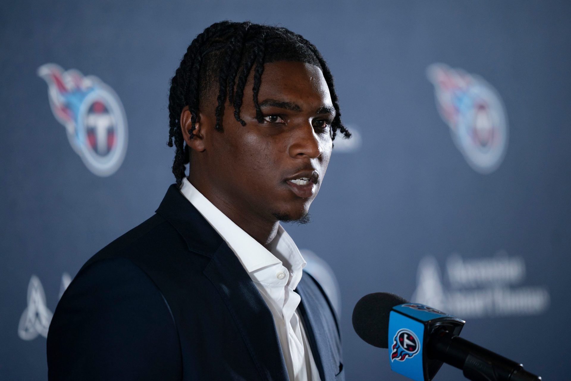 Cam Ward fields questions after being introduced as the Tennessee Titans first-round pick – and overall number one pick – in the NFL Draft at Ascension Saint Thomas Sports Park in Nashville, Tenn., Friday, April 25, 2025.