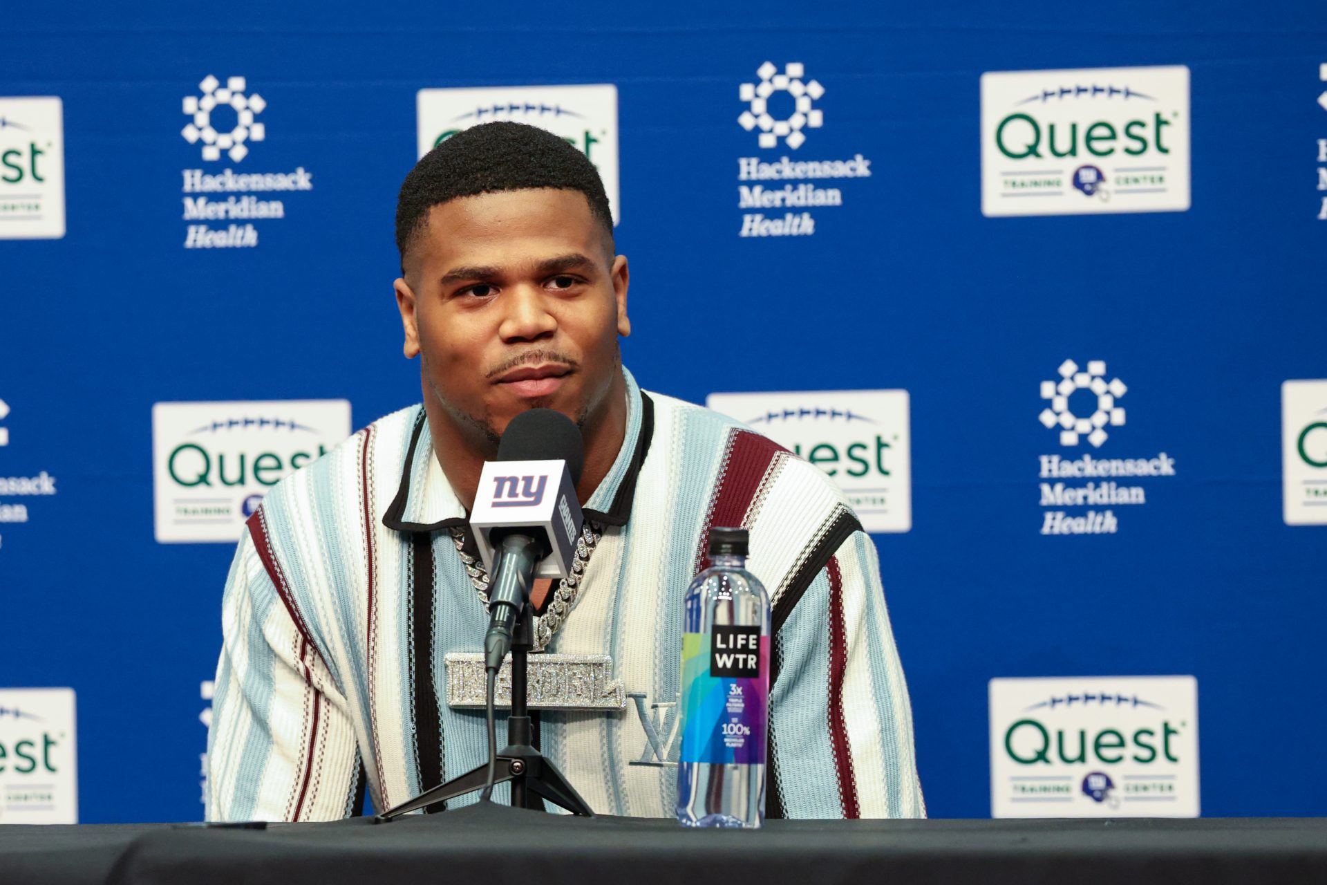 New York Giants first round draft pick, Abdul Carter, takes questions from the media during his introduction press conference. New York Giants