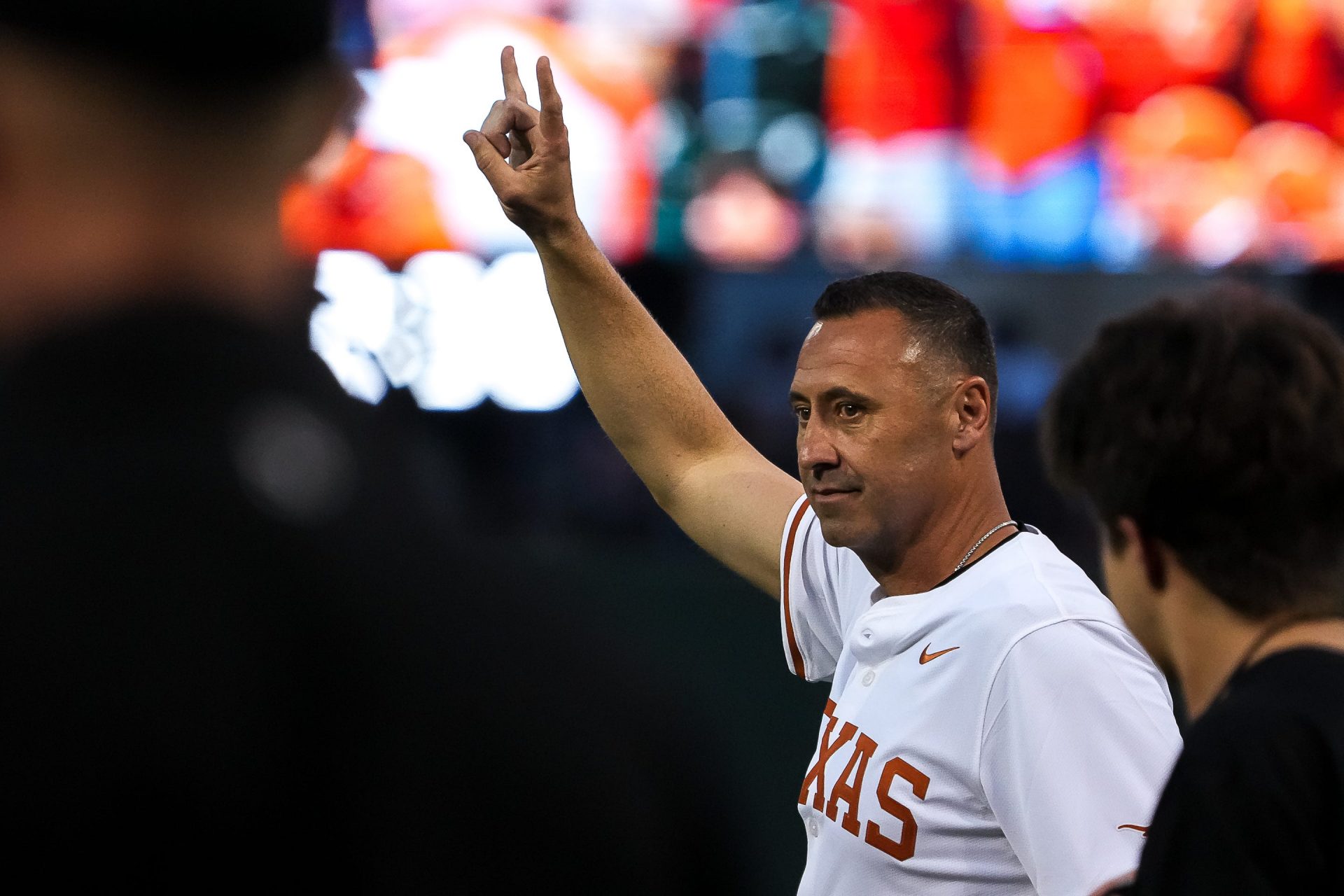 Texas Longhorns head football coach Steve Sarkisian takes the field for the first pitch ahead of the Lone Star Showdown against Texas A&M at UFCU Disch-Falk Field on Friday, April 25, 2025.