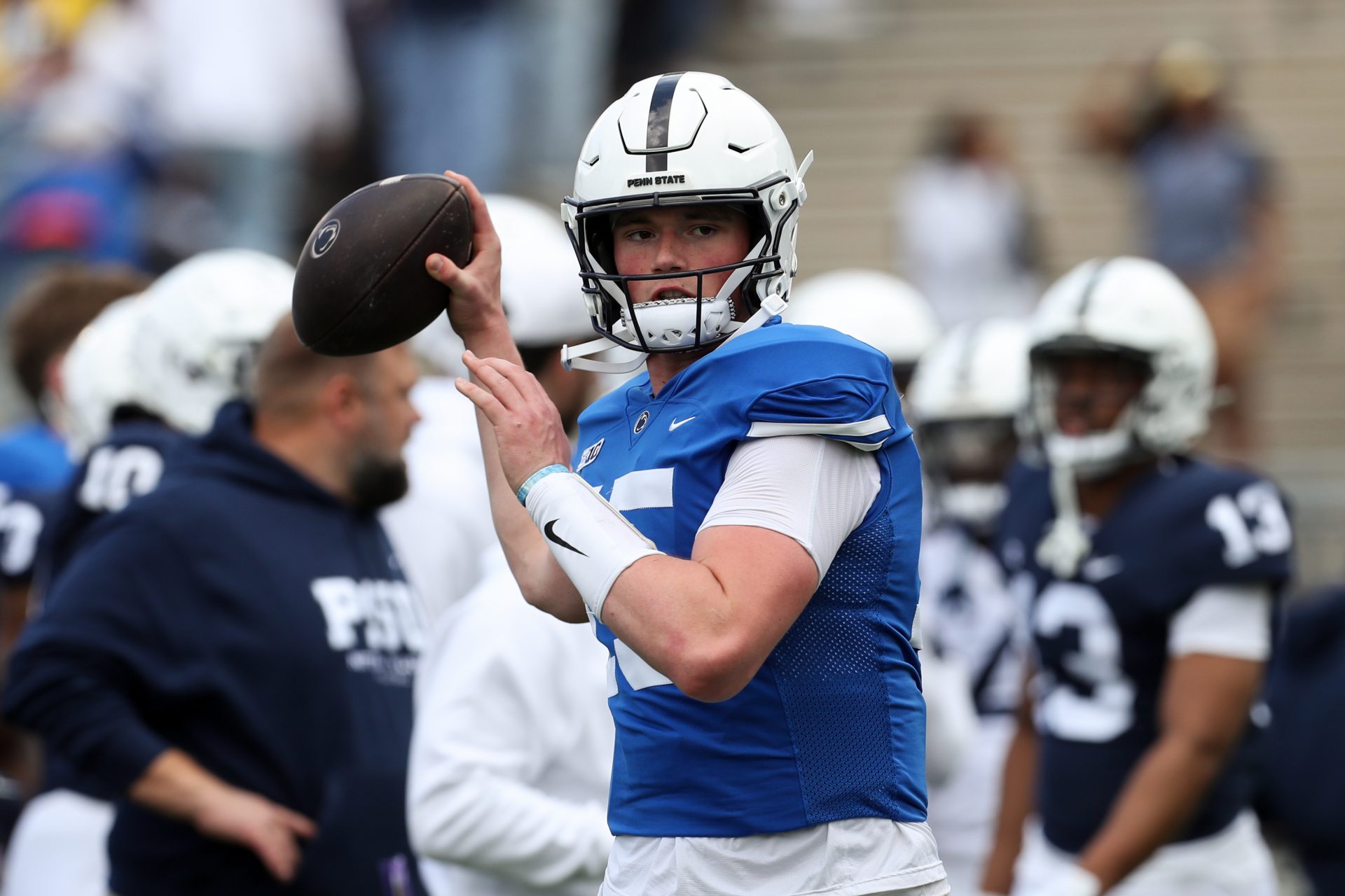 Penn State Nittany Lions quarterback Drew Allar (15) throws a pass during a warm up prior to the Blue White spring game at Beaver Stadium.