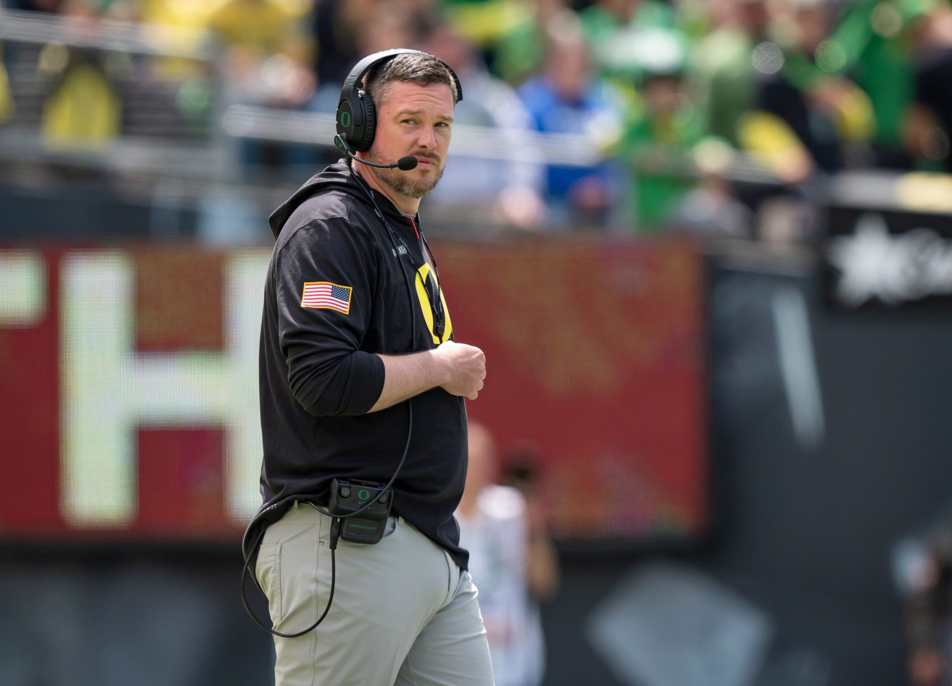 Oregon coach Dan Lanning oversees his team as the Fighting Ducks face off against Mighty Oregon in the Oregon Ducks spring game on April 26, 2025, at Autzen Stadium in Eugene.