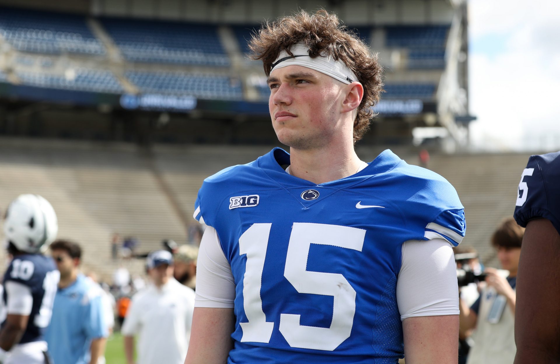 Penn State Nittany Lions quarterback Drew Allar (15) looks on following the Blue White spring game at Beaver Stadium. The White team defeated the Blue team 10-8.