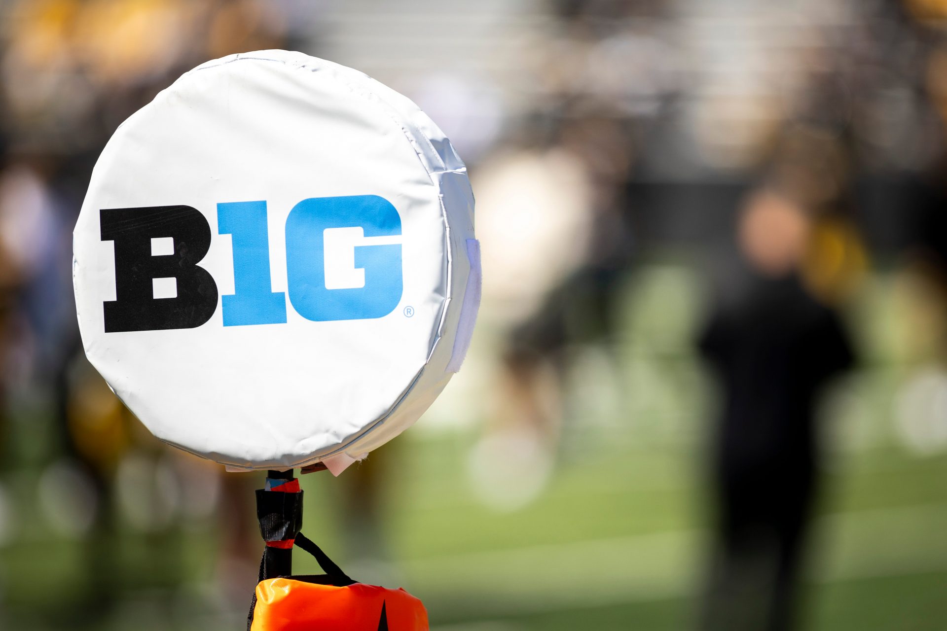 A detail view of a logo for the Big Ten Conference is seen during a spring NCAA football open practice at Kinnick Stadium.