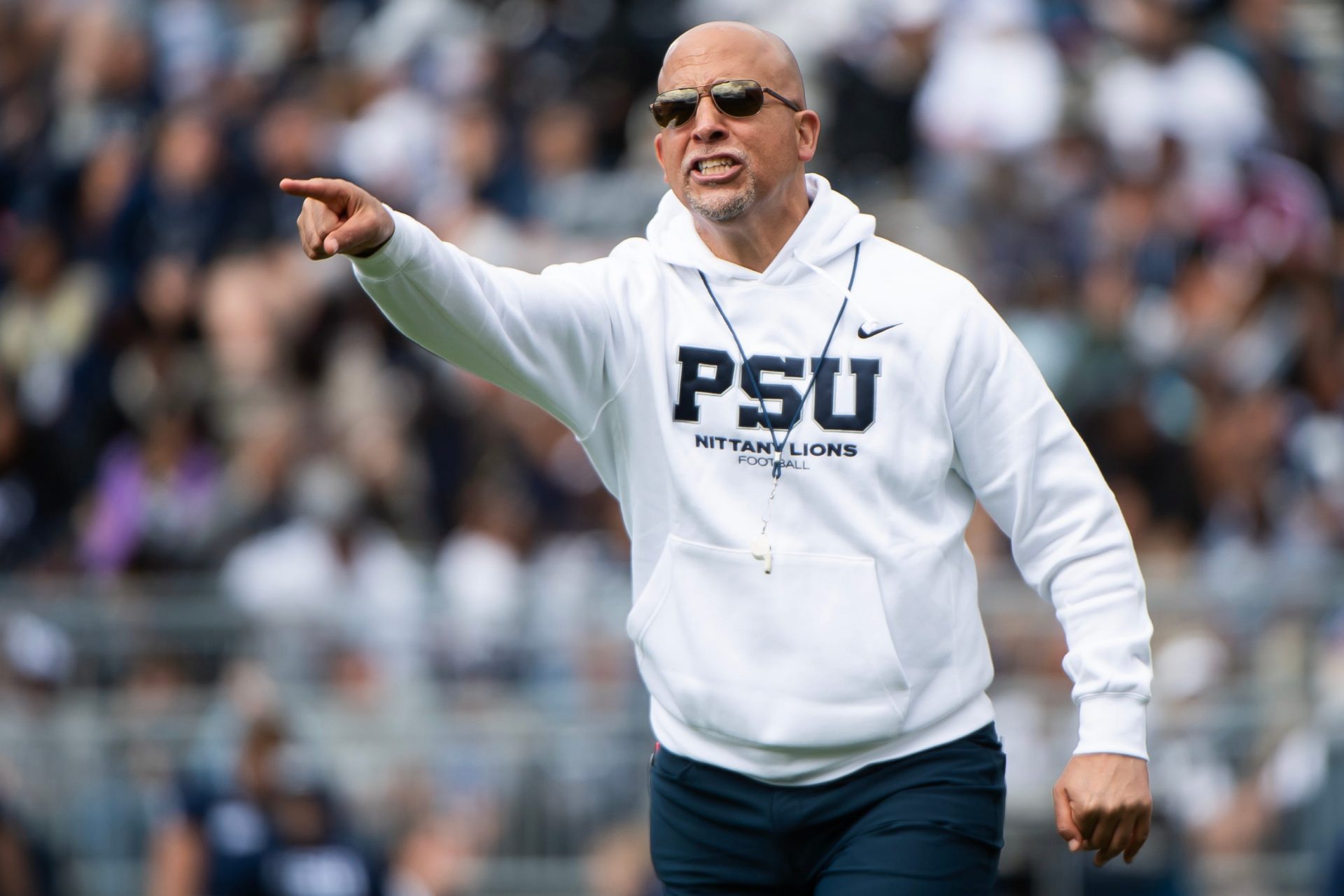 Penn State head football coach James Franklin reacts to something on the sideline during the Blue-White game at Beaver Stadium on Saturday, April 26, 2025, in State College. The White team defeated the Blue team, 10-8.