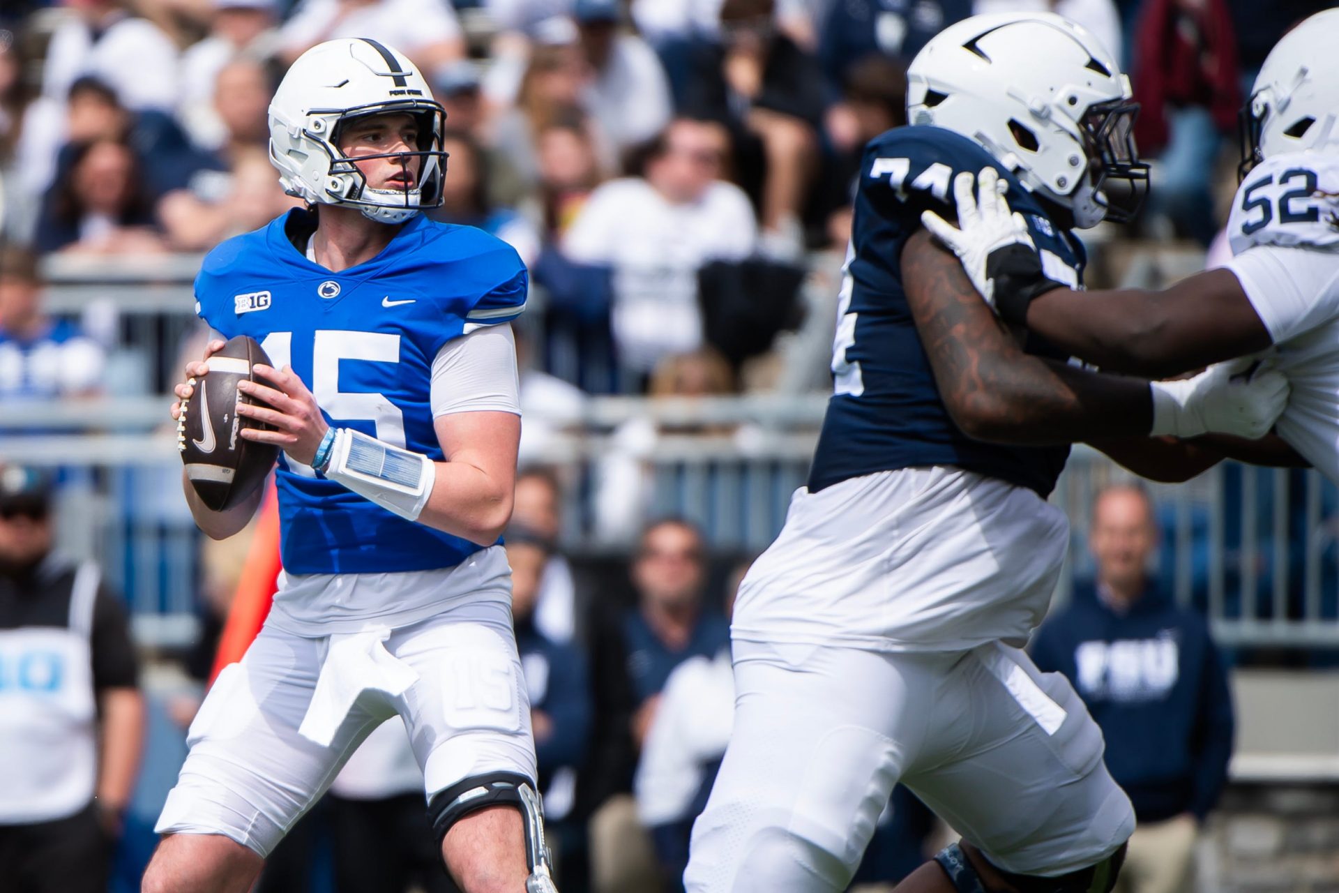 Penn State quarterback Drew Allar passes from the pocket during the Blue-White game at Beaver Stadium on Saturday, April 26, 2025, in State College. The White team defeated the Blue team, 10-8.
