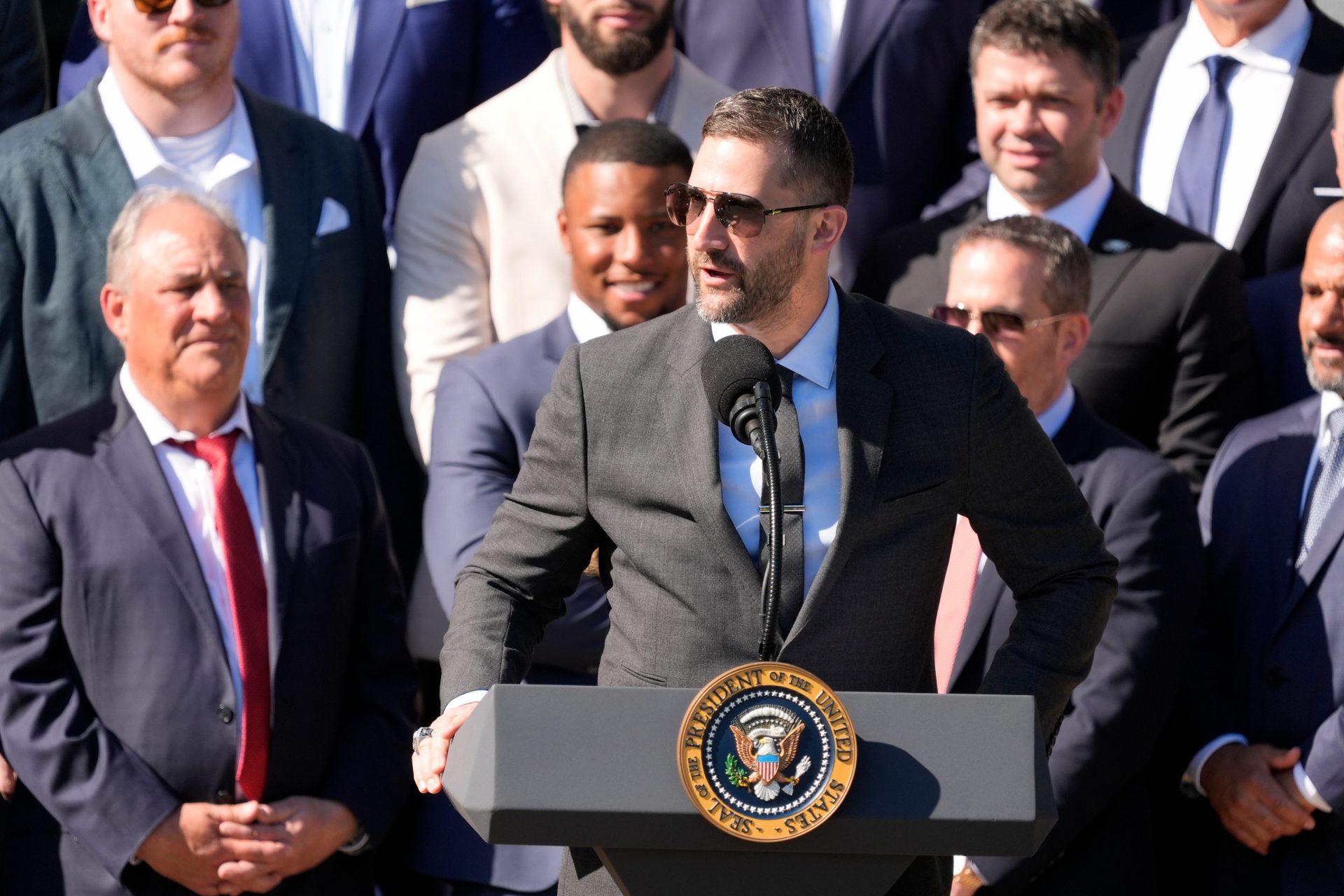 Philadelphia Eagles’ head coach Nick Sirianni speaks as President Donald Trump honors the Super Bowl LIX champion Philadelphia Eagles at The White House in Washington D.C., on April 28, 2025.