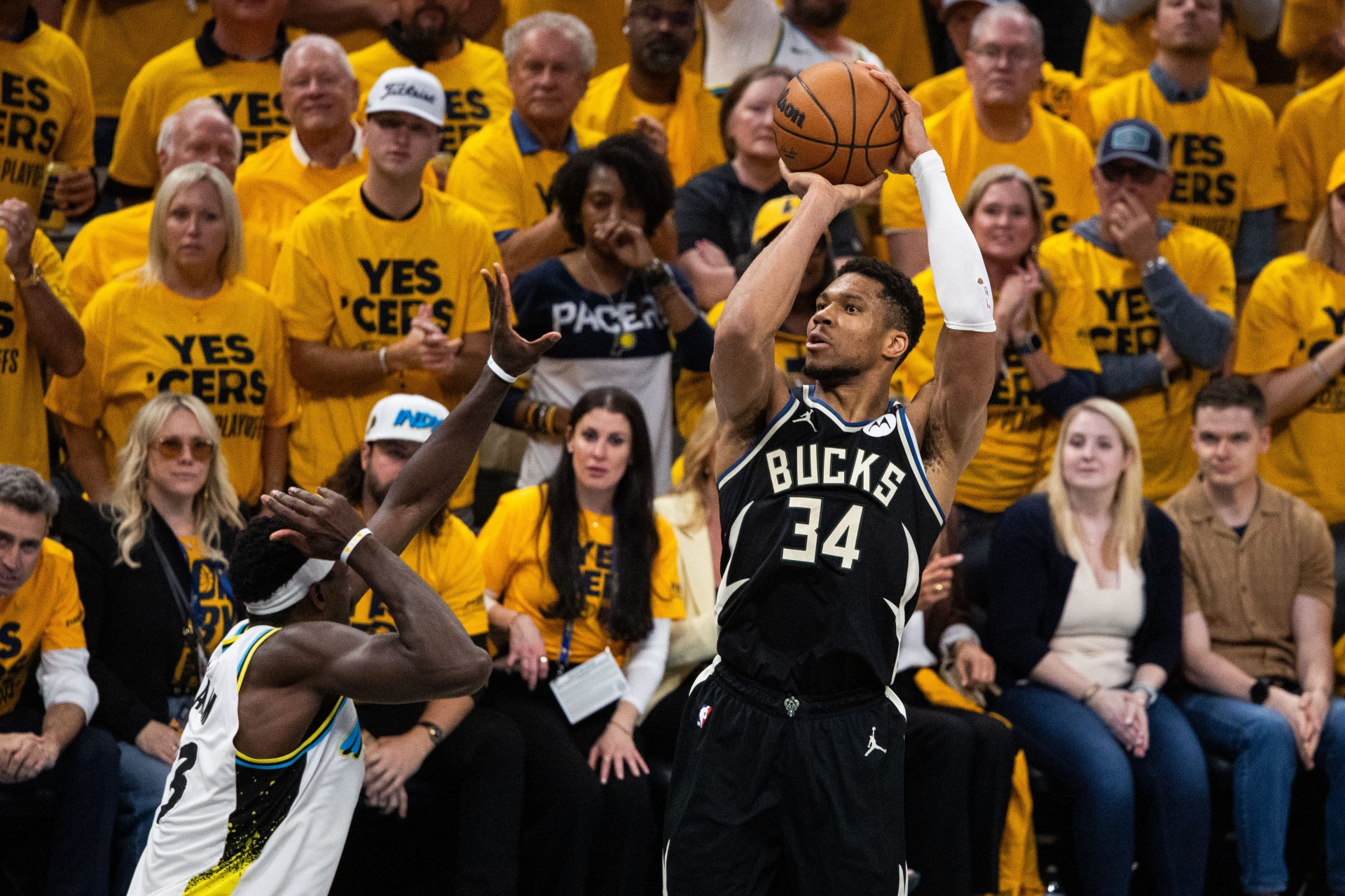 Milwaukee Bucks forward Giannis Antetokounmpo (34) shoots the ball while  Indiana Pacers forward Pascal Siakam (43) defends during game five of the first round for the 2024 NBA Playoffs at Gainbridge Fieldhouse.
