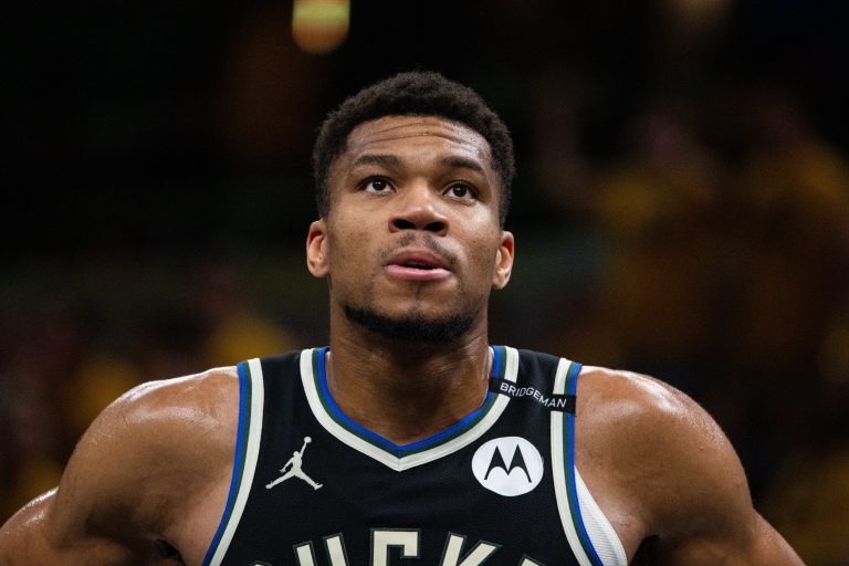 Milwaukee Bucks forward Giannis Antetokounmpo (34) during game five of the first round for the 2024 NBA Playoffs against the Indiana Pacers at Gainbridge Fieldhouse.