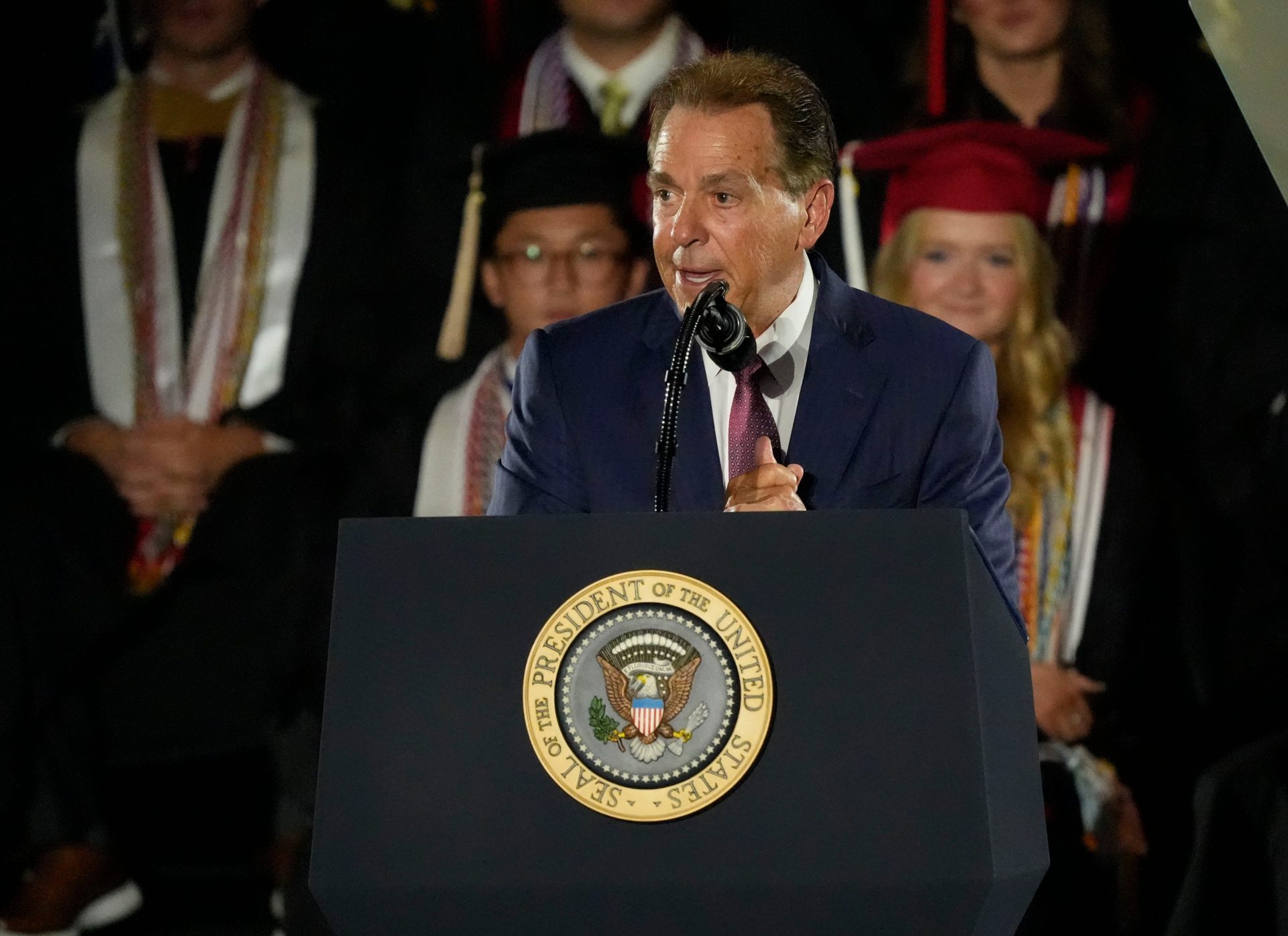 Legendary Alabama football coach Nick Saban introduces President Donald Trump. Trump delivered a special commencement address to University of Alabama graduates at Coleman Coliseum. Graduation occurs over the weekend.